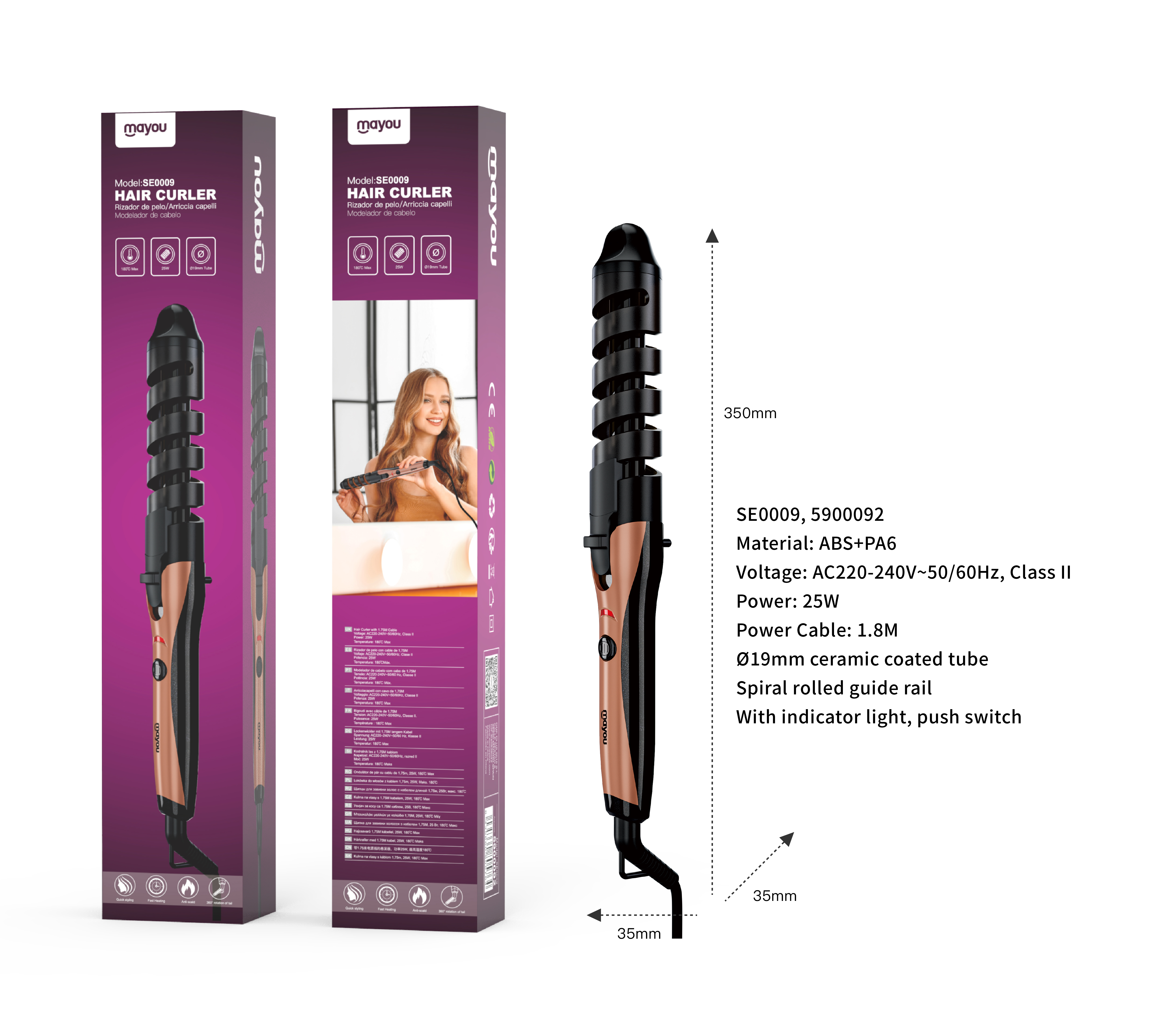 SE0009 Rizador ceramica de Pelo Automatico con indicador de luz, Potencia 25W, Cable 1.8M, Negro+Rosa