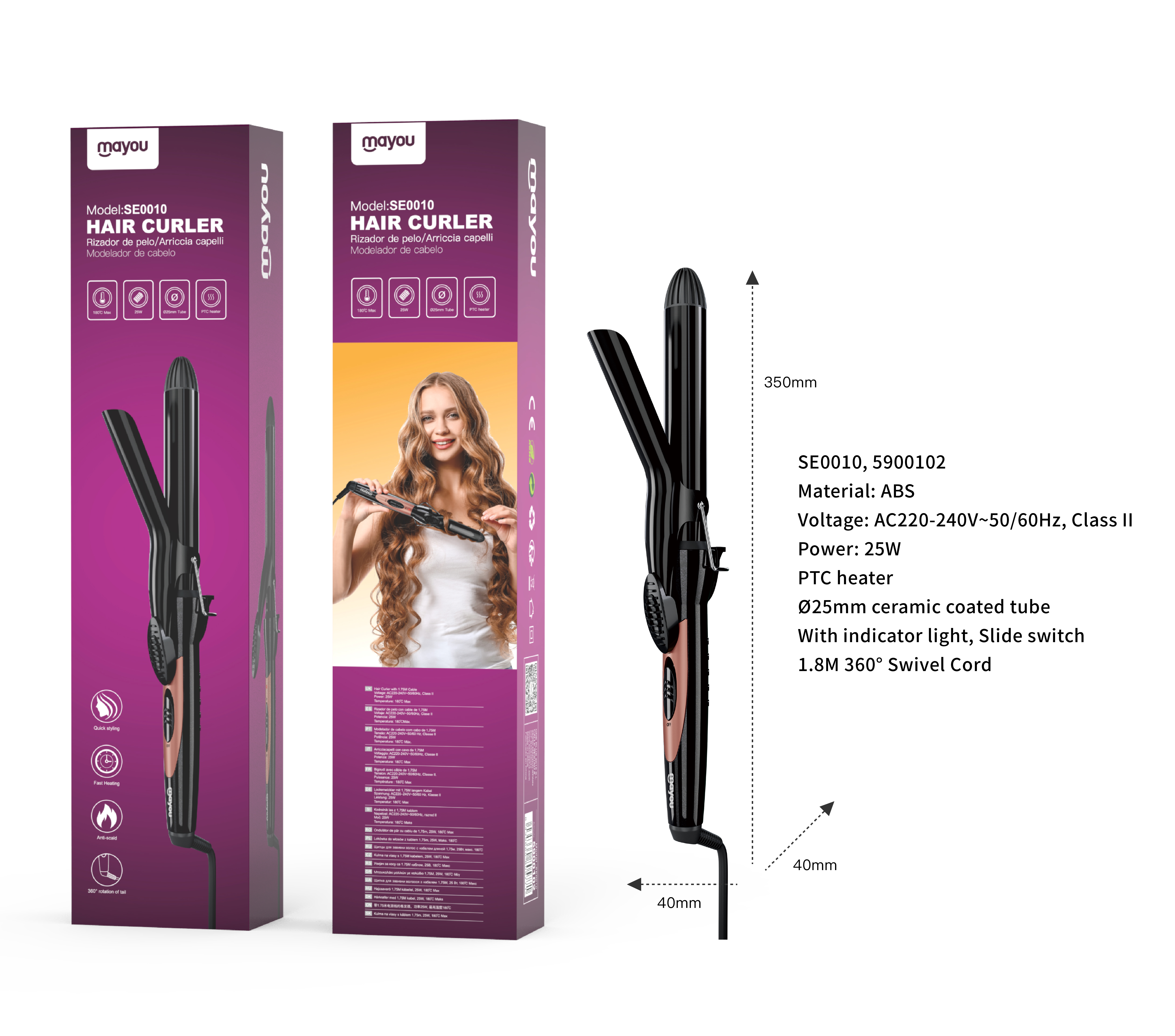 SE0010 Rizador ceramica de Pelo con indicador de luz, Potencia 25W, Cable 1.8M, Negro+Rosa