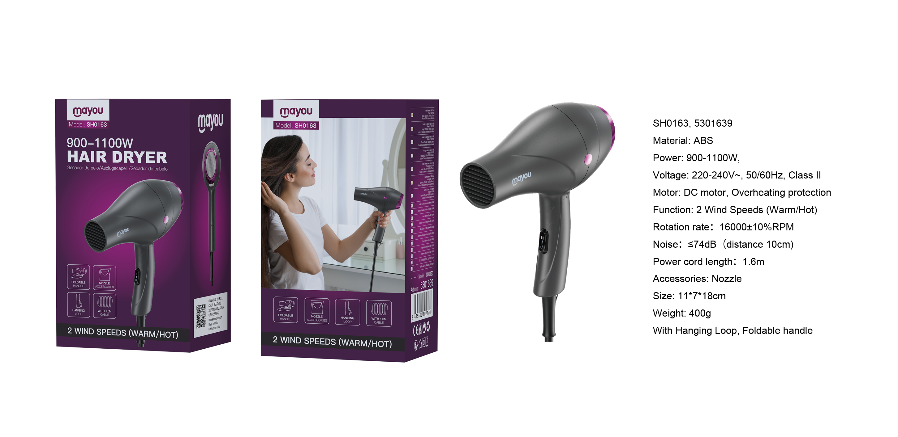 SH0163 Secador de Pelo Plegable Con 2 Temperaturas,  900-1100W, Cable 1.6M, Negro+Morado