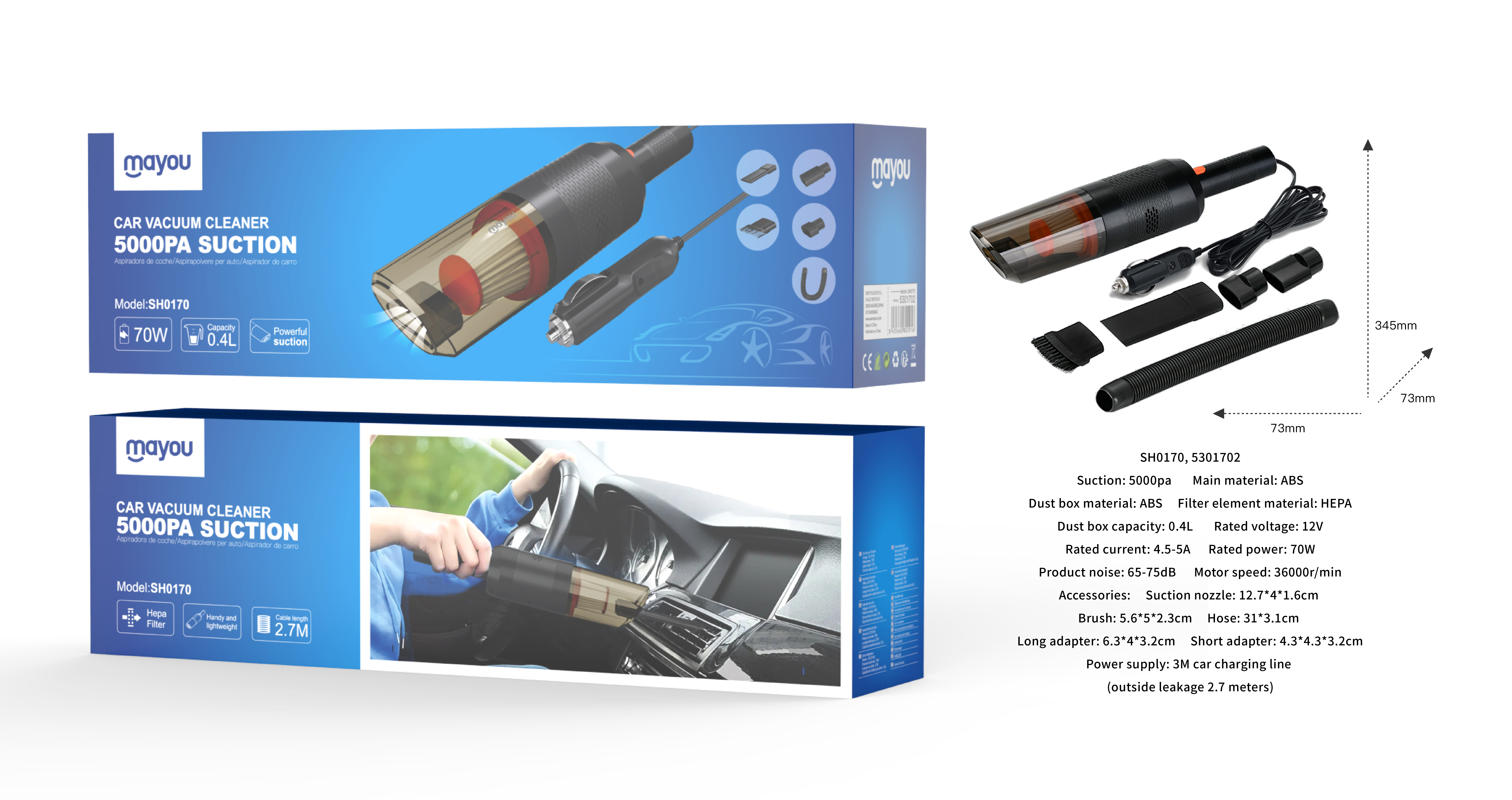 SH0170 NE Aspirador de mano para coche, Potencia 12V/70w/36000R/min/5000PA succion, Con cable de carga 2.7m, Negro