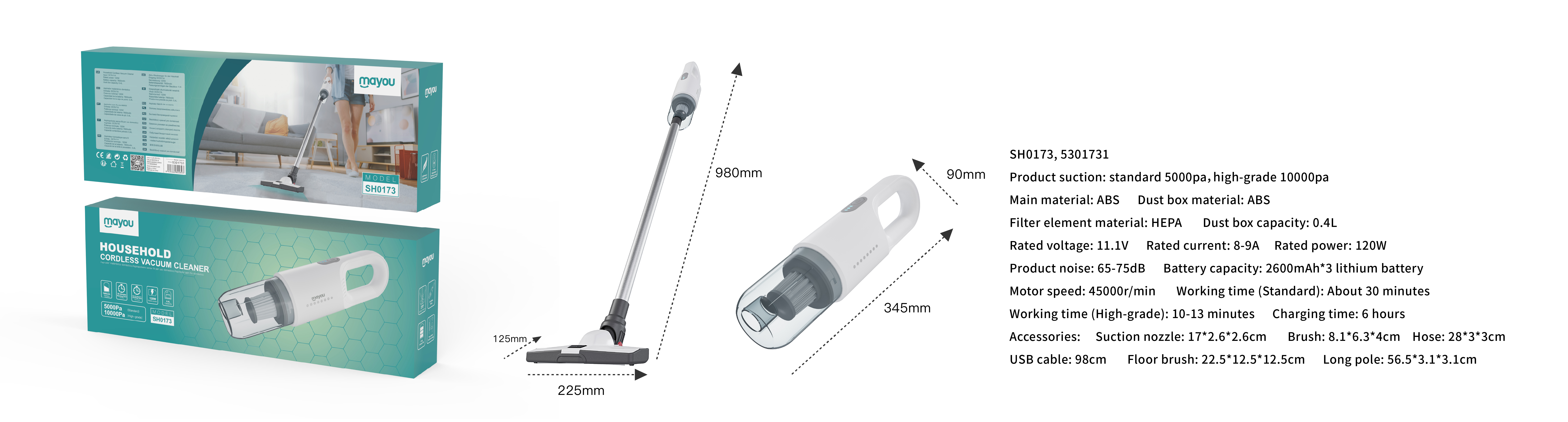 SH0173 BL Aspirador  inlambrico 2 Velocidades , Potencia120w/45000R/Min/3500-5000PA succion, Bateria Litio 7800mAh, Blanco