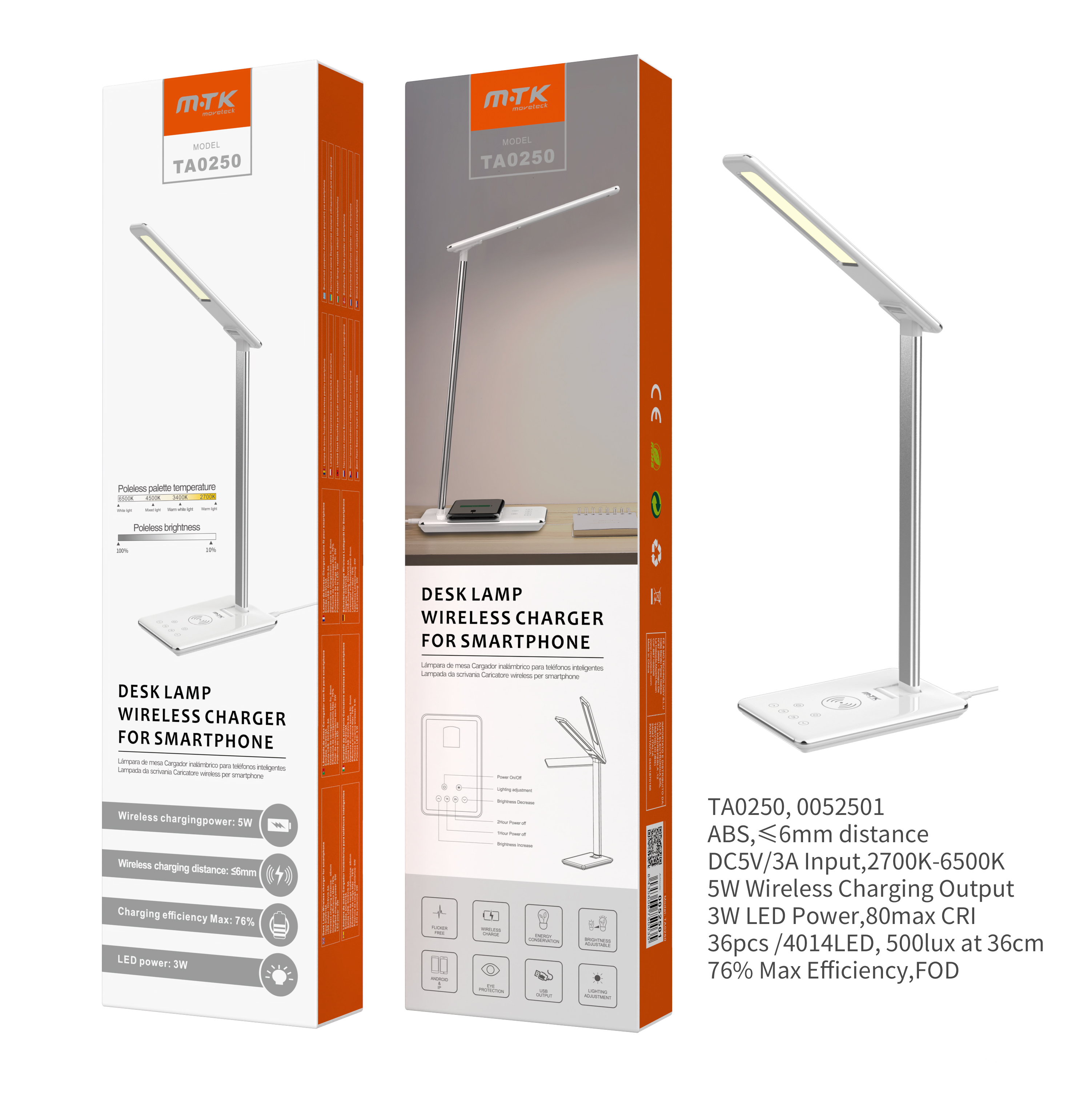 TA0250 BL Lámpara metal de mesa LED 3W con Cargador Inalámbrico para móviles 5W y 1USB, Color (blanco o amarillo) y Brillo de Luz ajustable, con funci