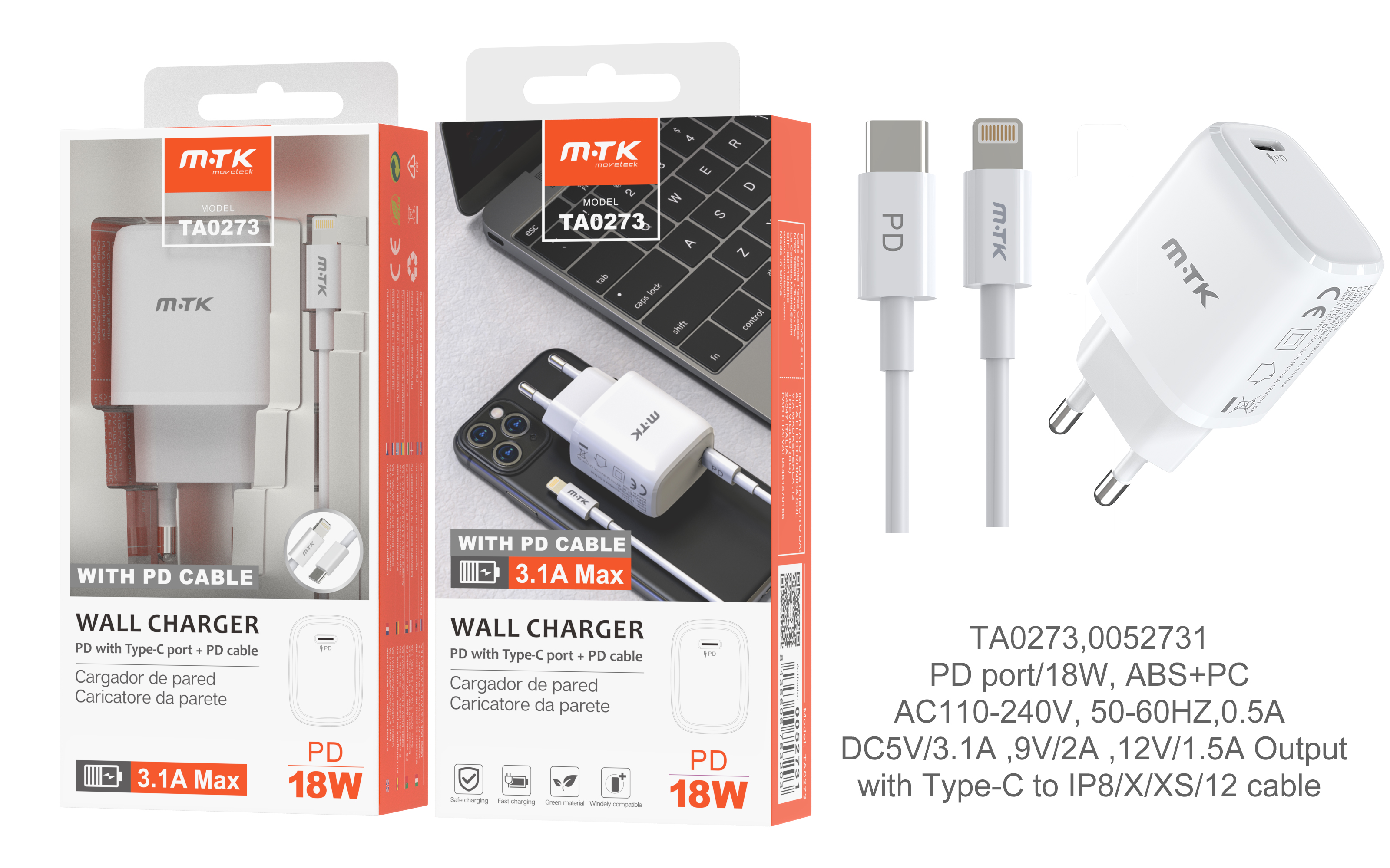 TA0273 BL Cargador Rapido de Red  Machine Gun con Cable Type C a IP 5-12, 1USB de PD 18W, 3.1A Max, Blanco