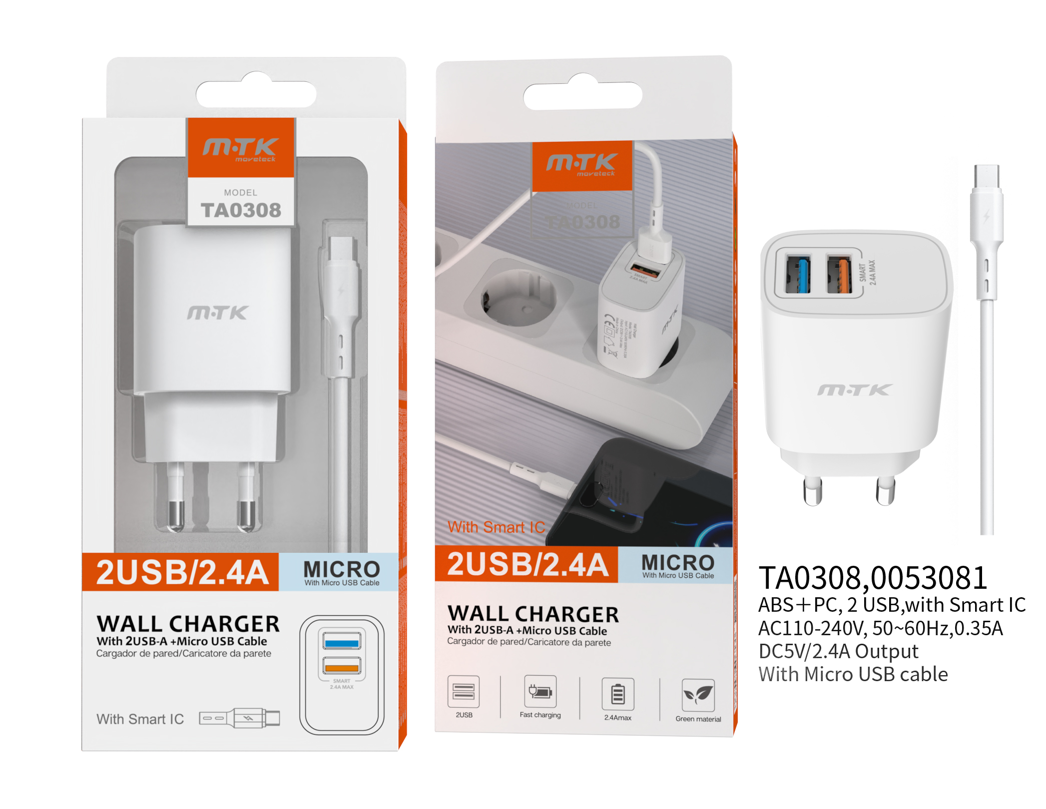 TA0308 BL Cargador de Pared Milky, con cable Micro USB, Chip de Reconocimiento Inteligente 2USB, 2.4A, Blanco