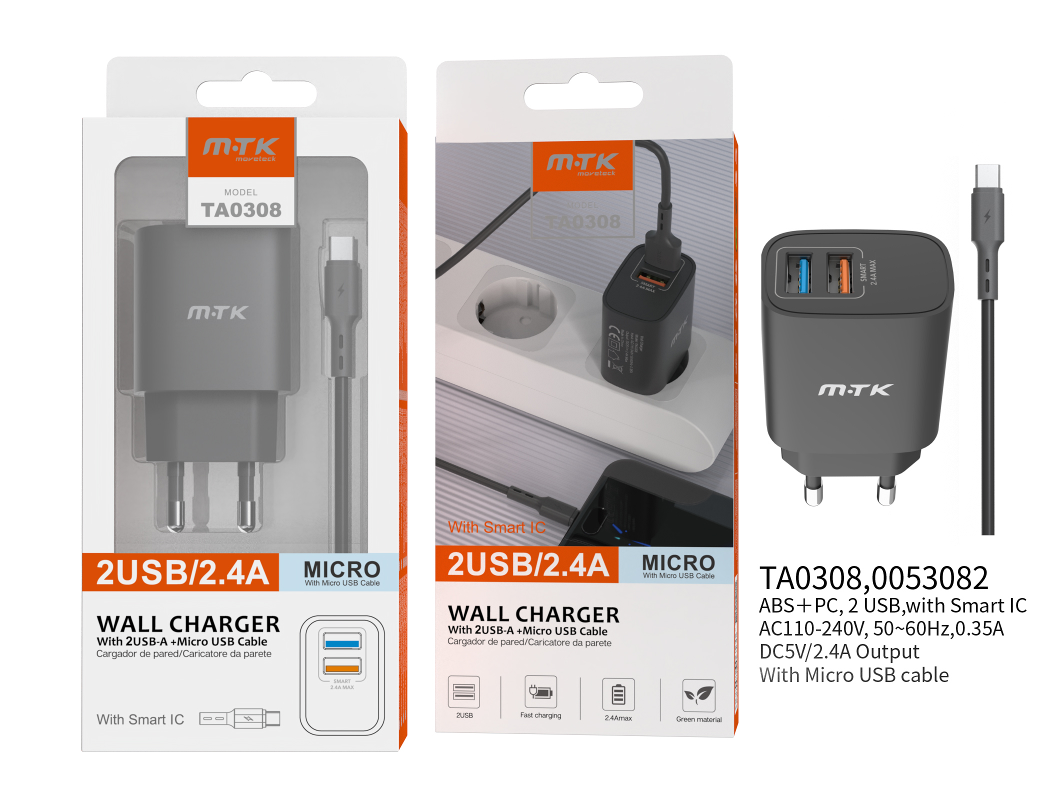 TA0308 NE Cargador de Pared Milky, con cable Micro USB, Chip de Reconocimiento Inteligente 2USB, 2.4A, Negro