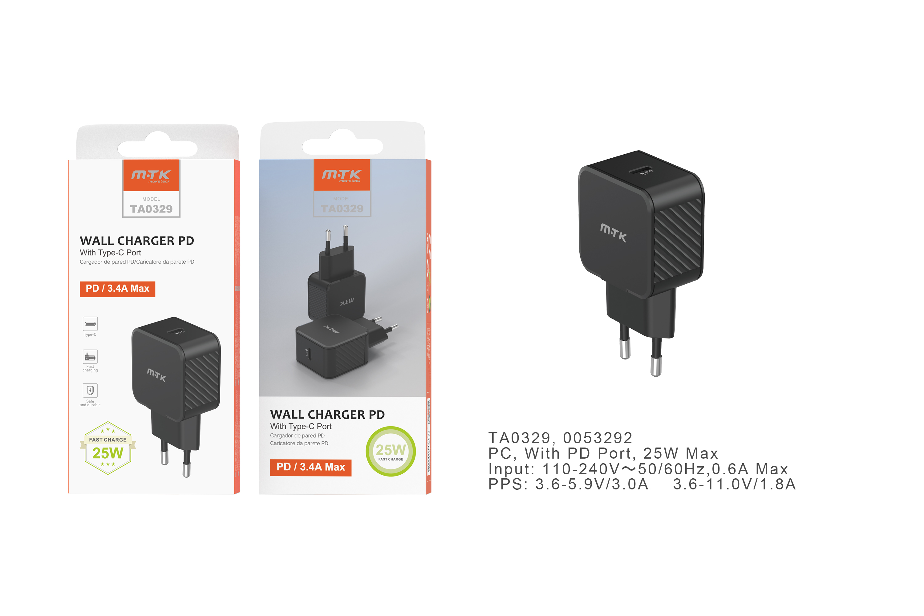 TA0329 NE Cargador de Red Rapida Fay , 1 puerto PD, Sin Cable 25W/3.4A(Max), Negro