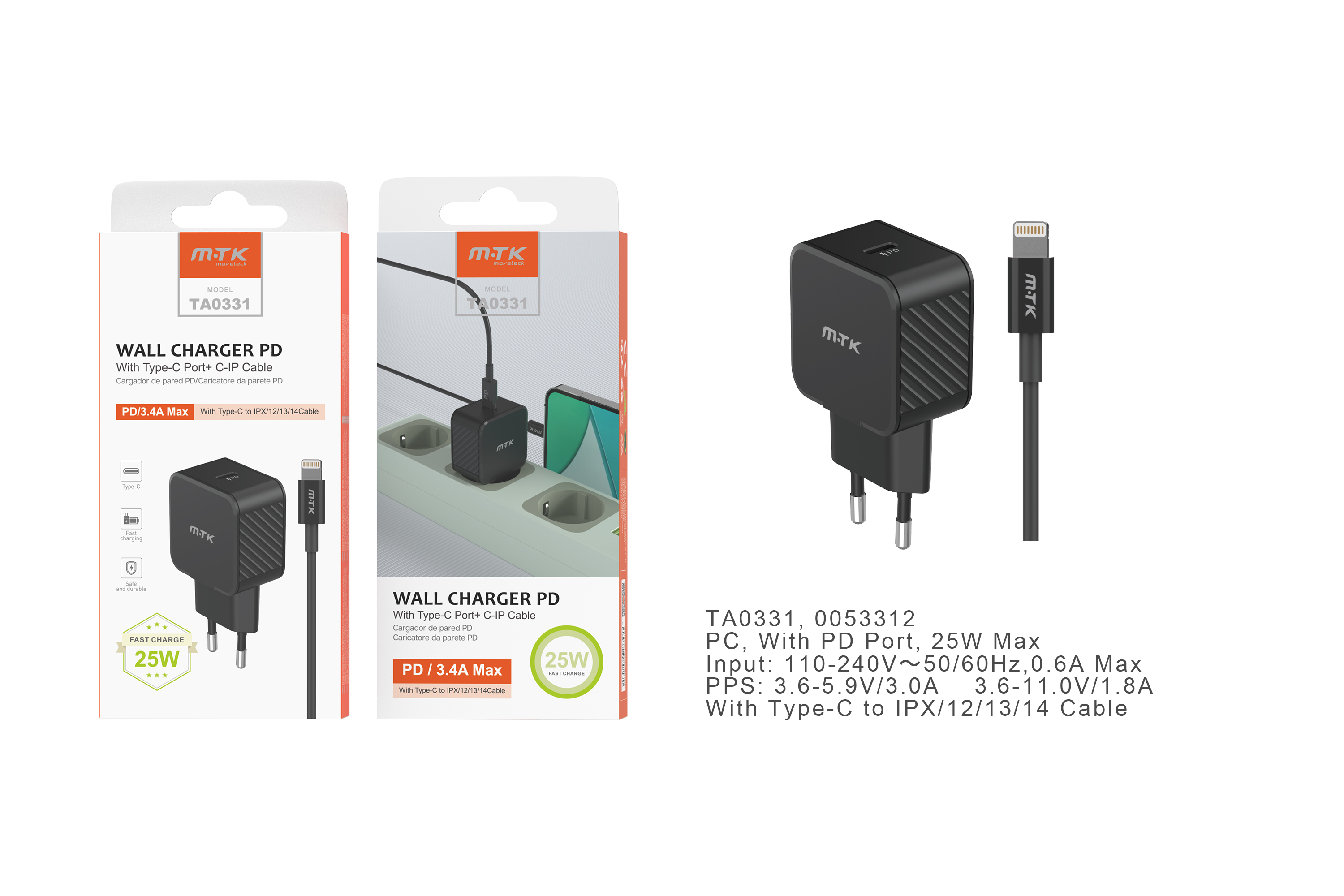 TA0331 NE Cargador de Red Rapida Fay , 1 puerto PD, con Cable Type-C a Lightning , 25W/3.4A(Max), Ne