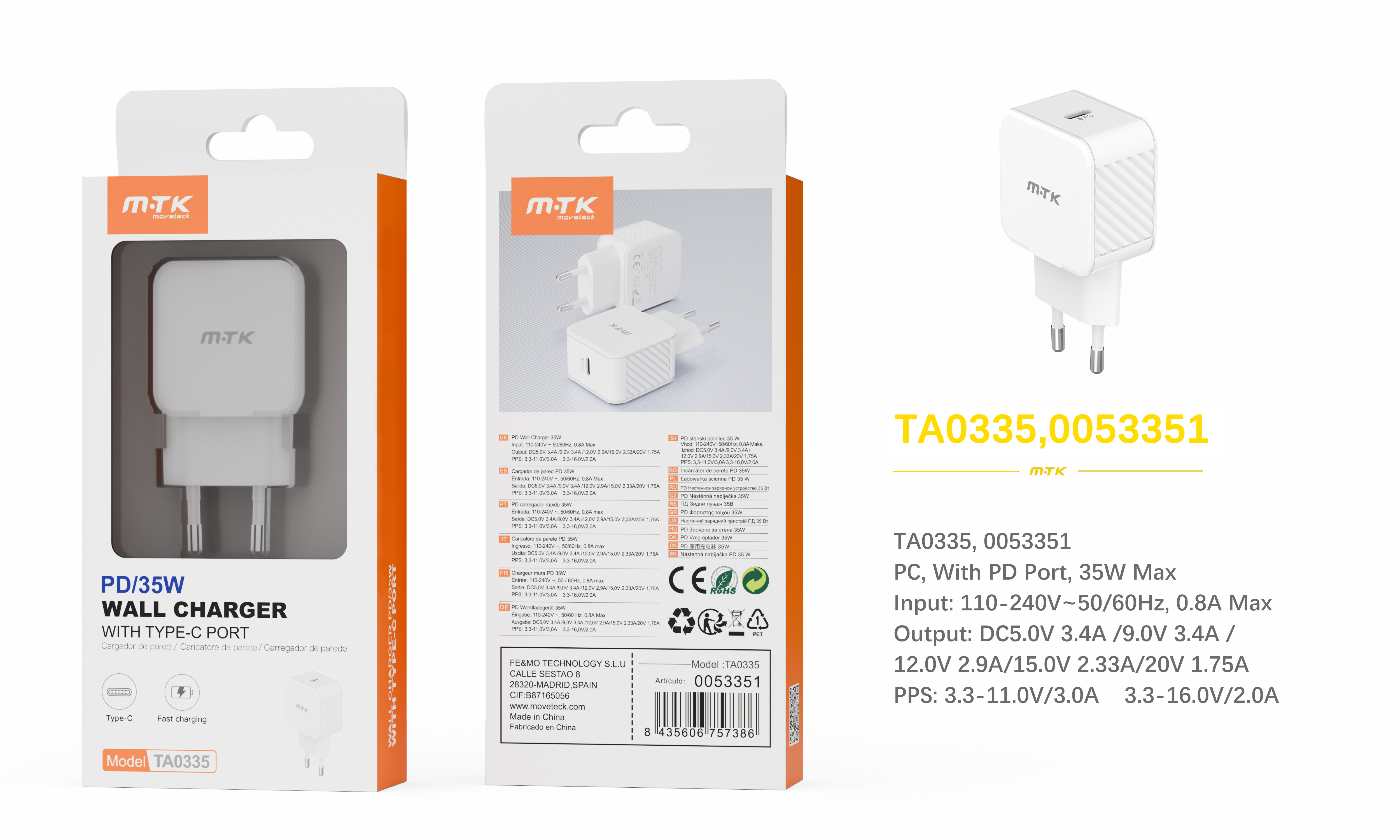 TA0335 BL Cargador de Red Rapida Fay , 1 puerto PD, Sin Cable 35W/3.4A(Max), Blanco