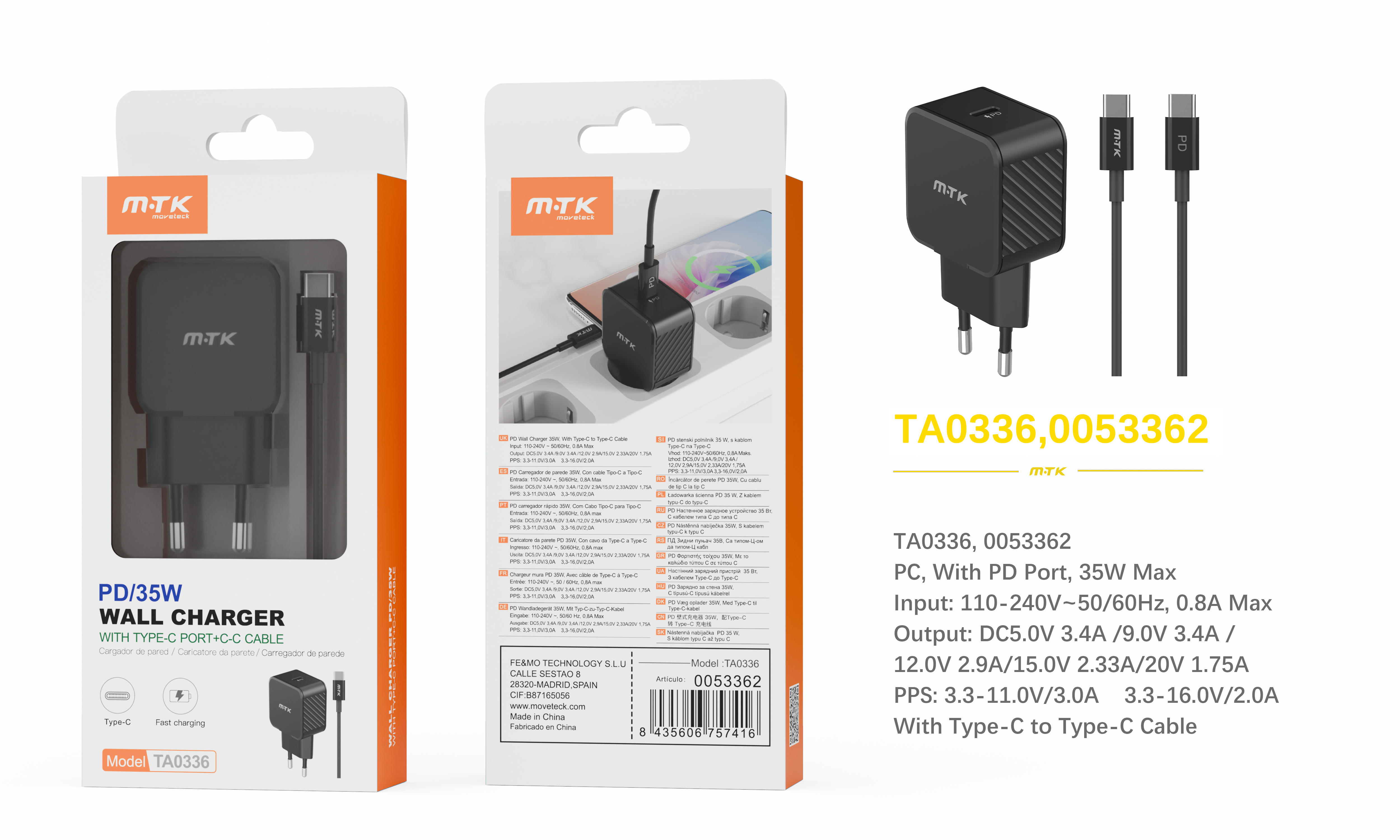 TA0336 NE Cargador de Red Rapida Fay , 1 puerto PD, con Cable Type-C a Type-C, 35W/3.4A(Max), Negro