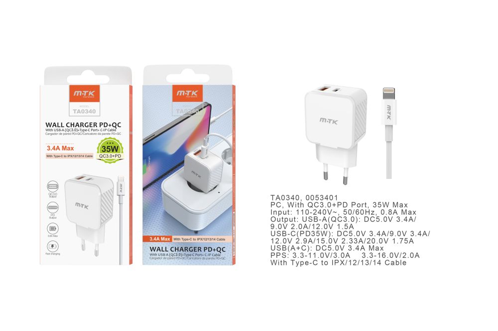 TA0340 BL Cargador de Red Rapida Fay , 2 puertos USB-C PD+QC 3.0, Con Cable Type-C a Lightning , 35W/3.4A(Max), Blanco