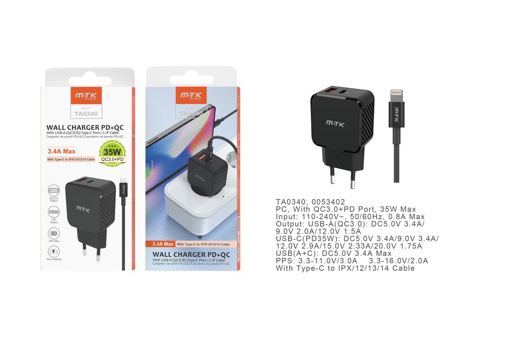 TA0340 NE Cargador de Red Rapida Fay , 2 puertos USB-C PD+QC 3.0, Con Cable Type-C a Lightning , 35W/3.4A(Max), Negro