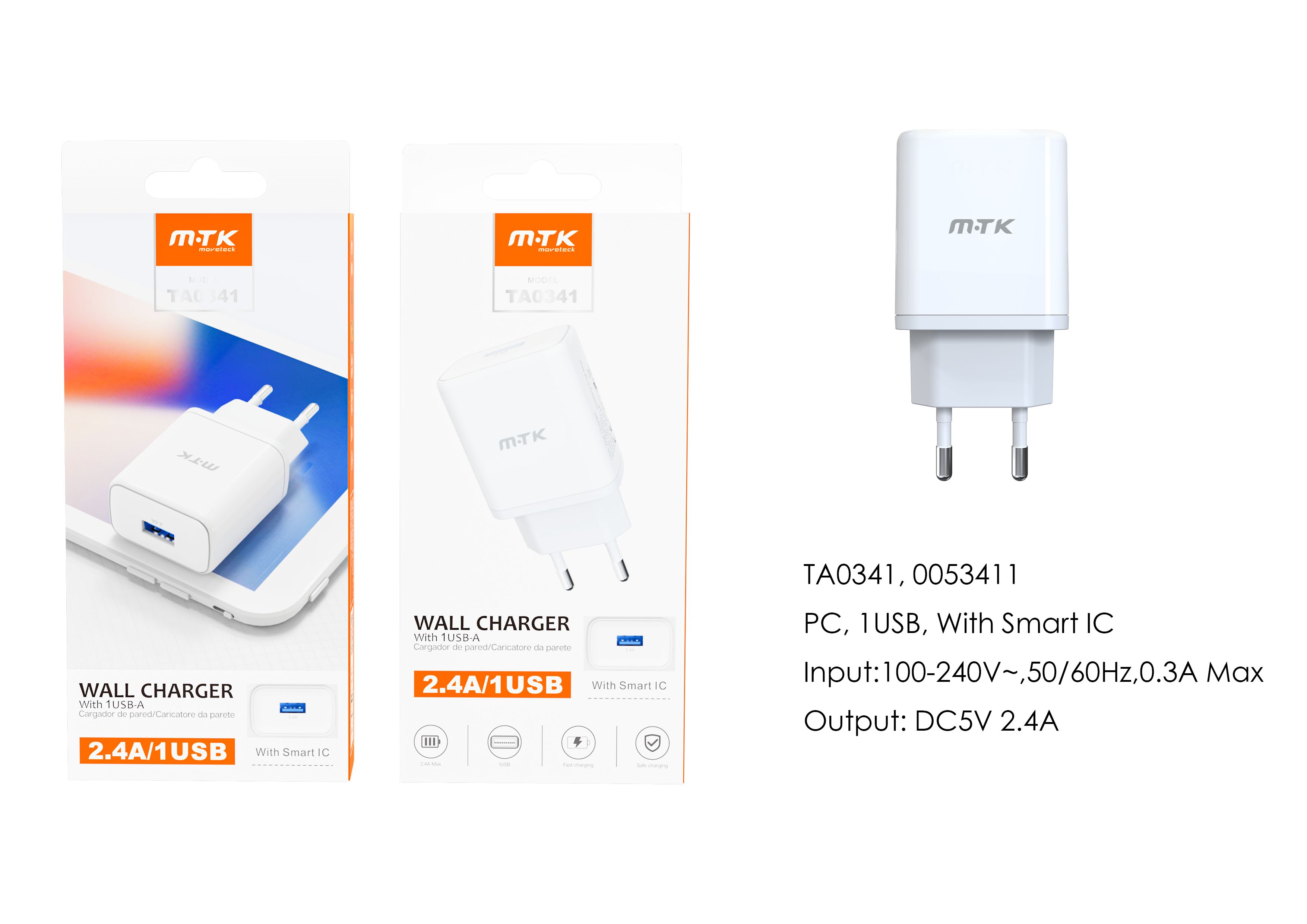 TA0341 BL Cargador de Red Marga 1 USB Sin cable, Con Chip de Reconocimiento Inteligente, 5V/2.4A , B