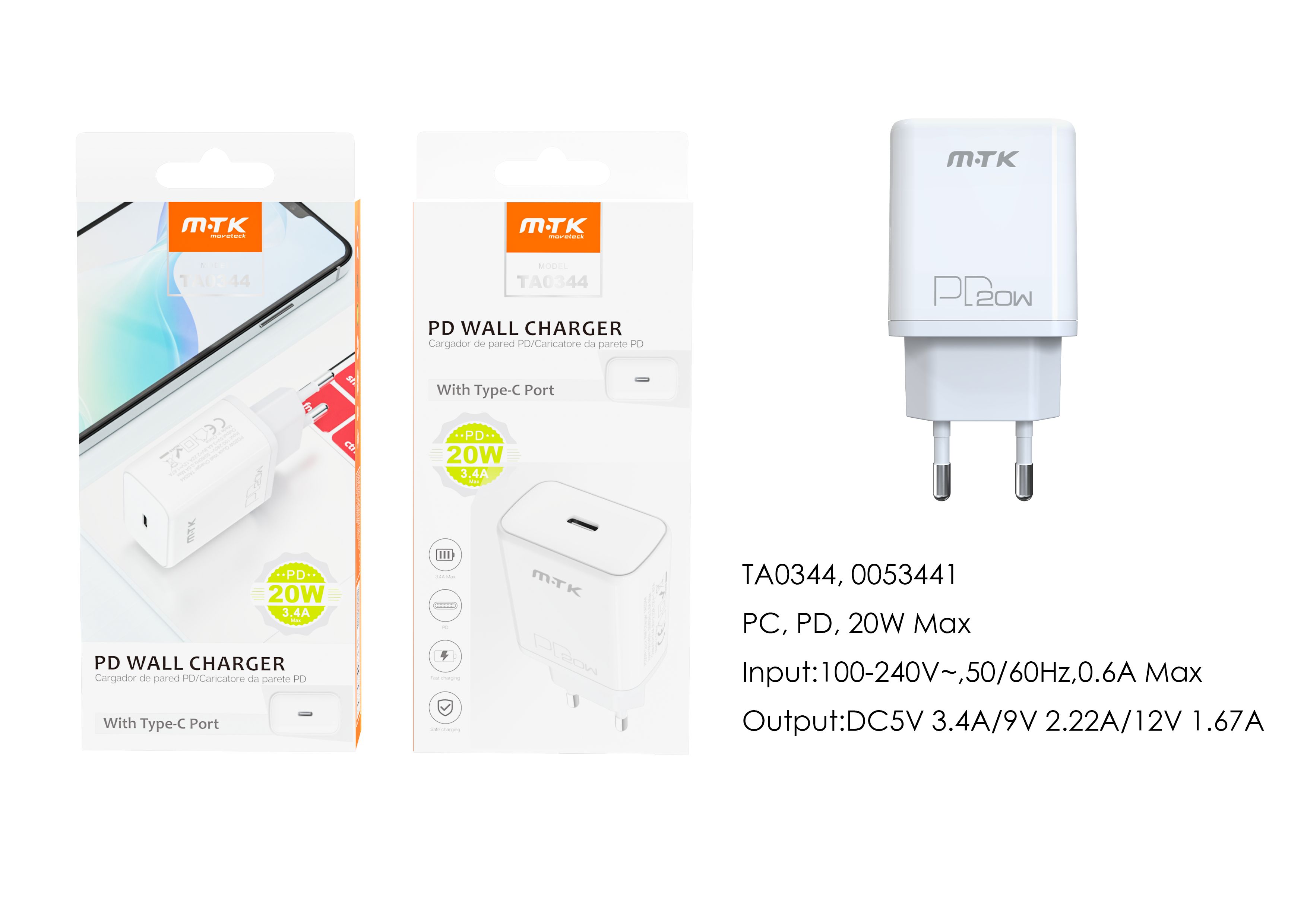 TA0344 BL Cargador Rapido de Pared Marga Sin cable , Entrada Type-C(PD)/20W/3.4A Max , Blanco