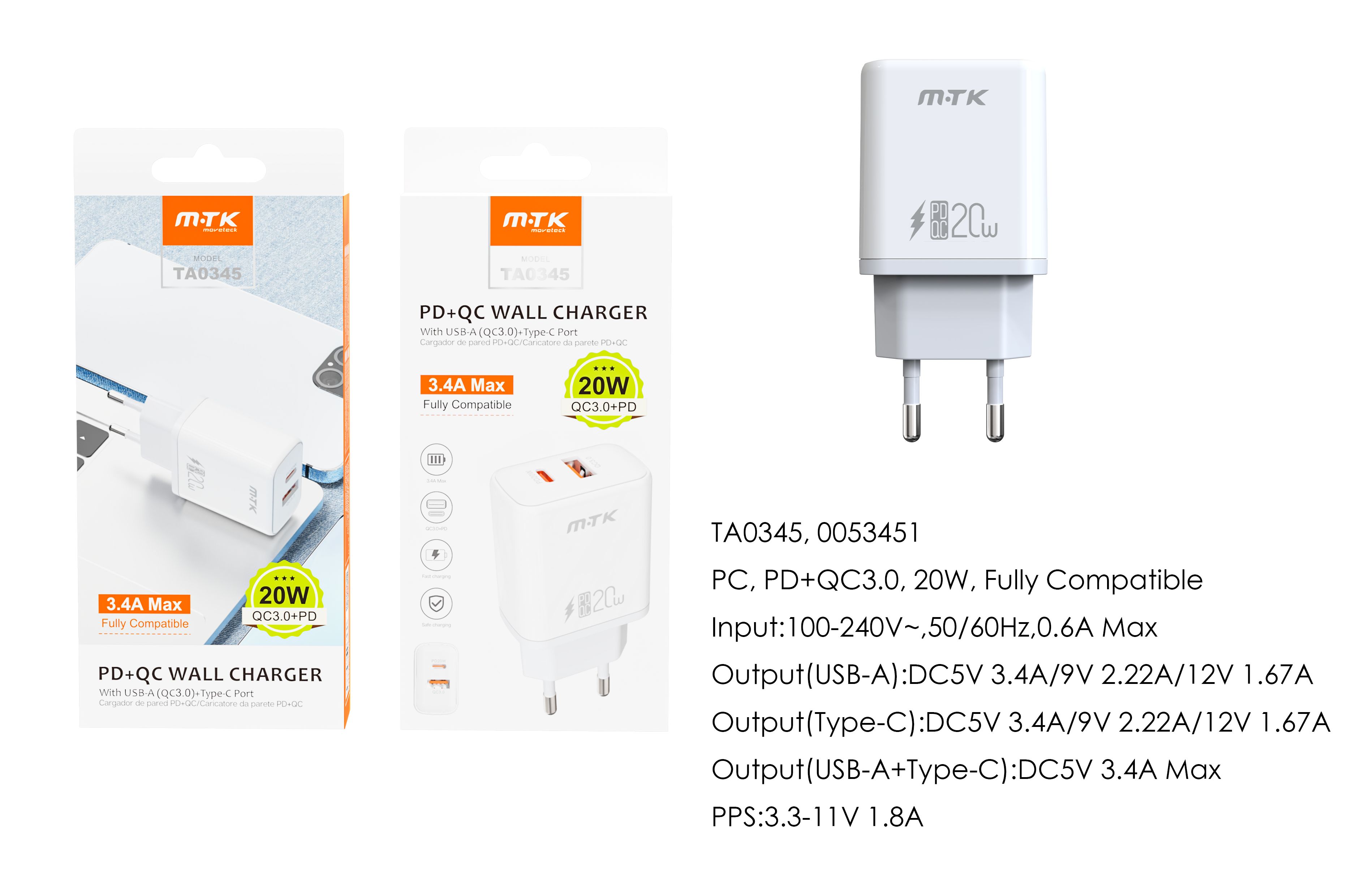 TA0345 BL Cargador Rapido de Pared Marga Sin cable , Entrada Type-C(PD)+QC3.0)/20W/3.4A Max , Blanco