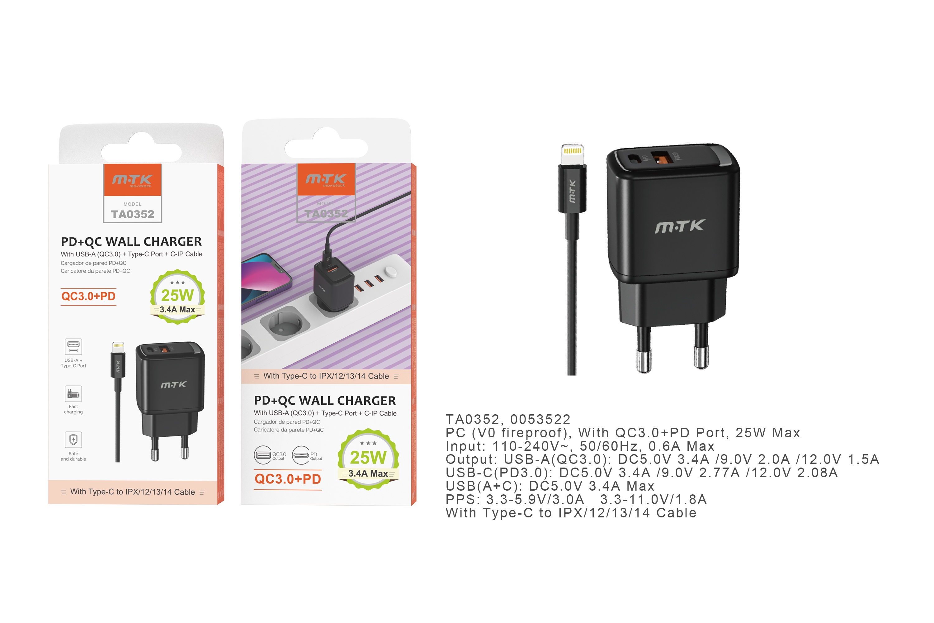 TA0352 NE Cargador de Red Rapida Taylor , 2 puerto (Type-C PD + QC3.0) , Con Cable Lightning , 25W/3