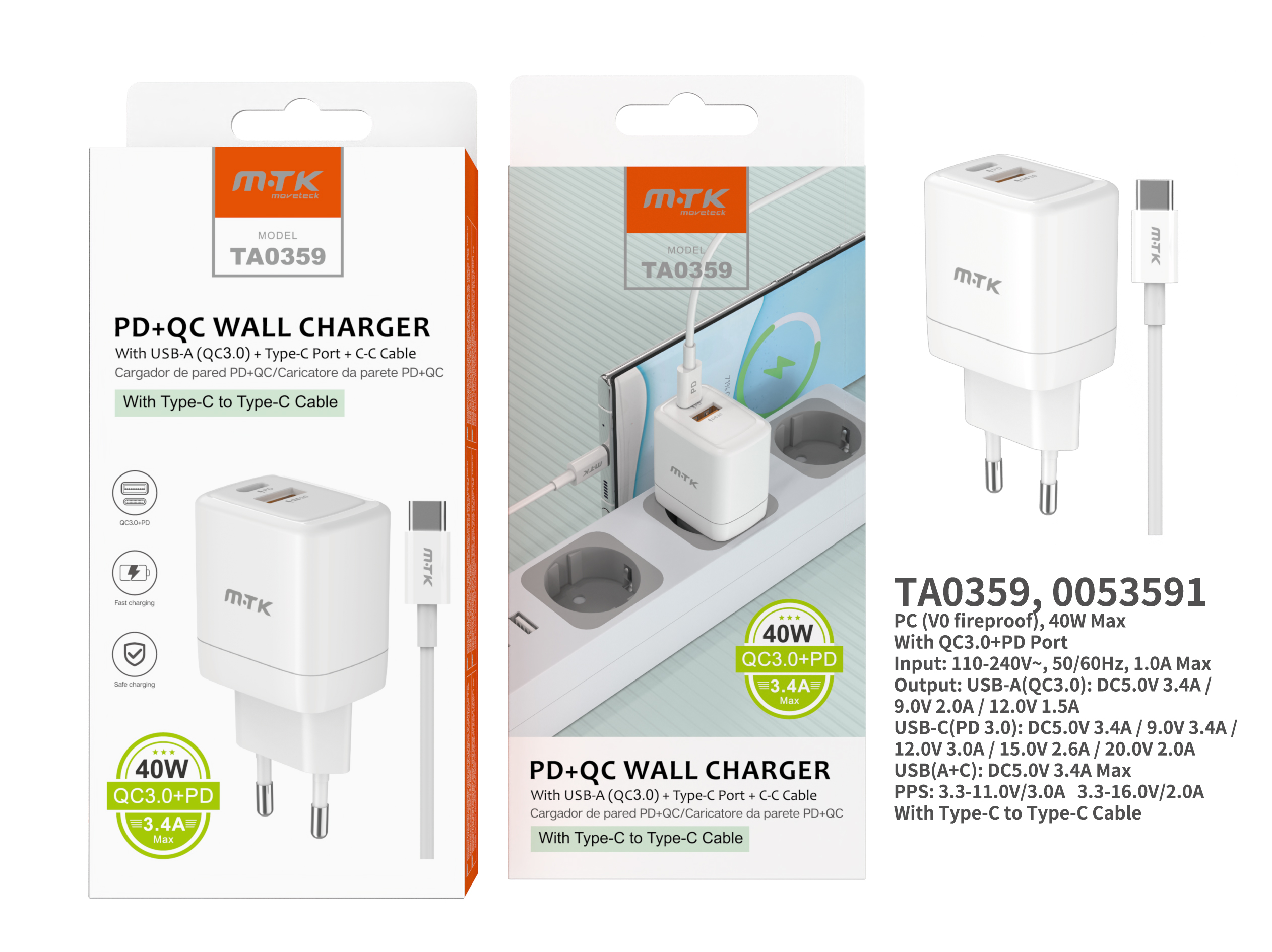 TA0359 BL Cargador de Red Rapida Taylor , 2 puertos Type-C+QC 3.0, Con Cable Type-C a Type-C , 40W/3.4A(Max), Blanco