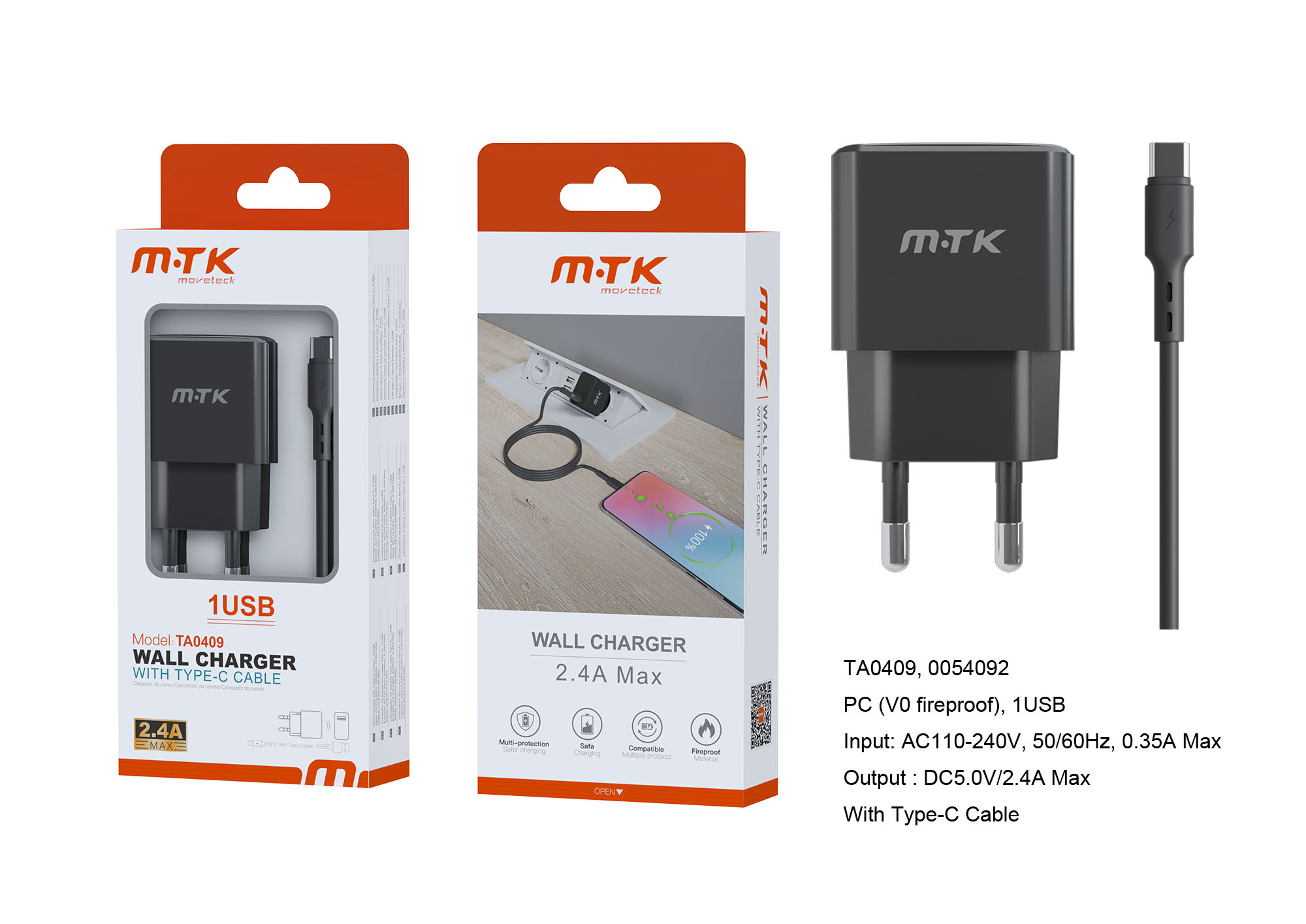 TA0409 NE Luxury Cargador de Red Ayme, 1 puerto USB-A, Con Cable Type-C, 2.4A(Max), Negro