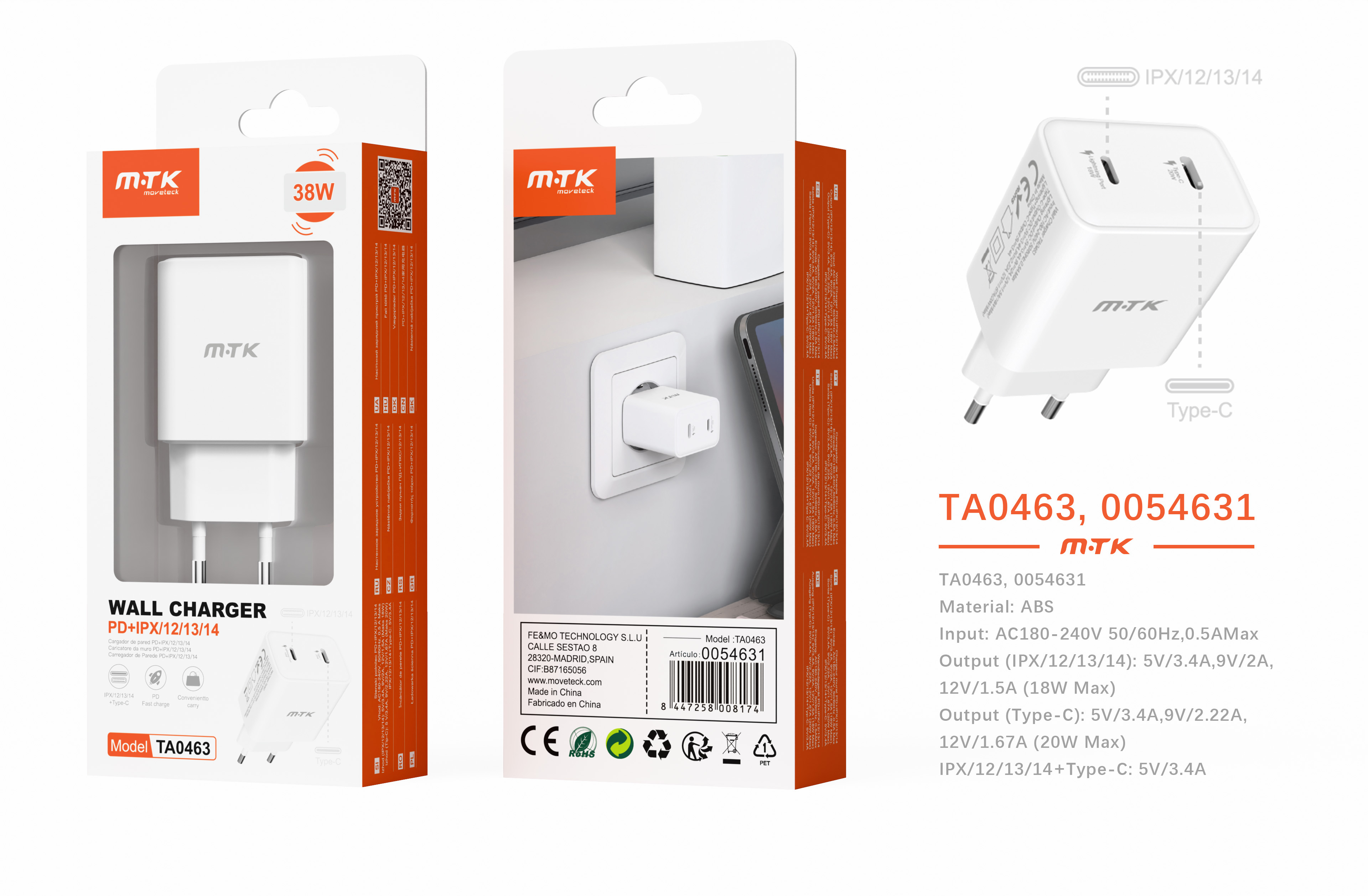 TA0463 BL Cargador de Red Rapida con entrada de Iphone (18W + Type-C (20W), Blanco