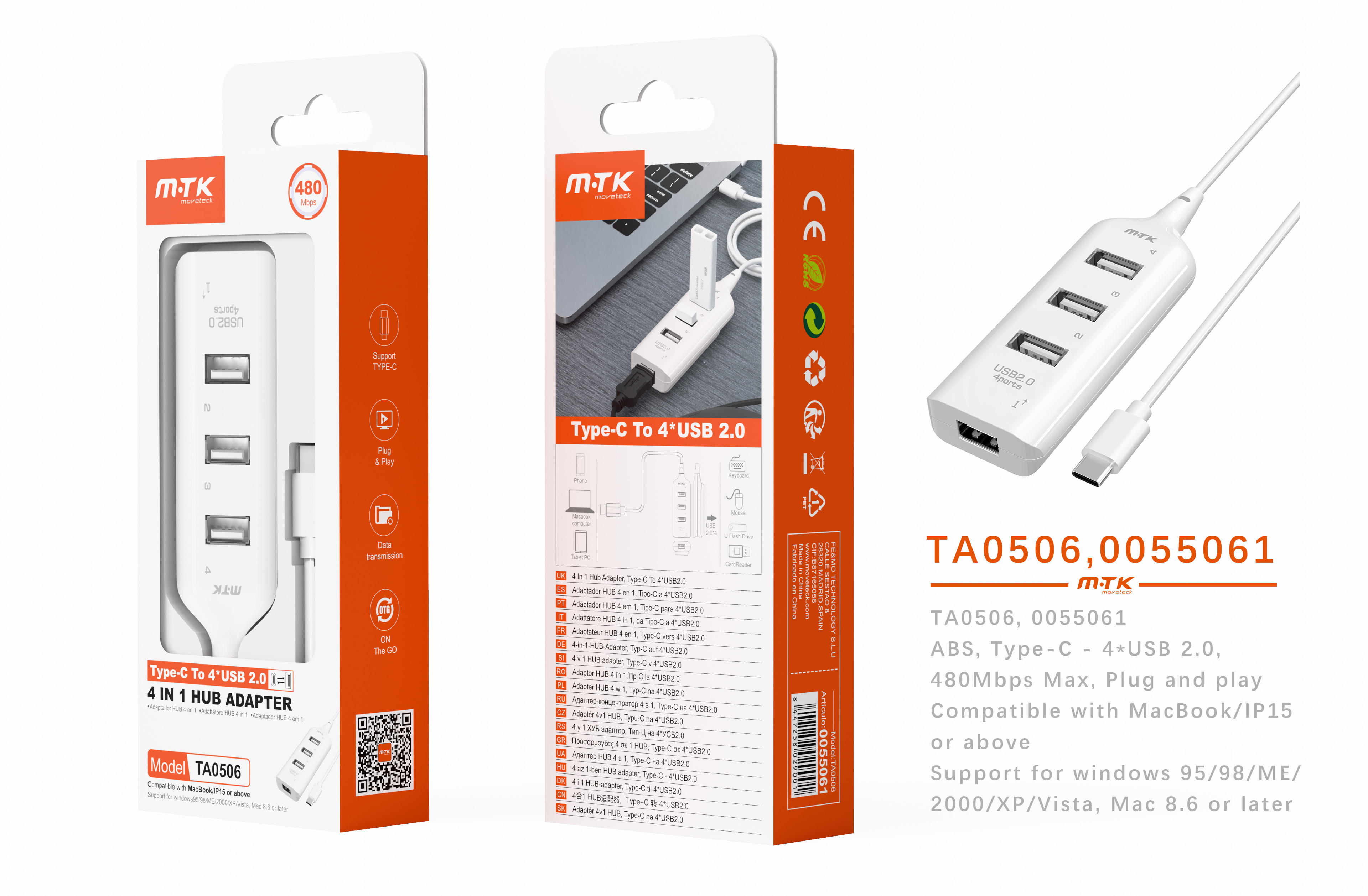 TA0506 BL Hubs Type-C con 4 Puertos USB 2.0, 480Mbps, Blanco