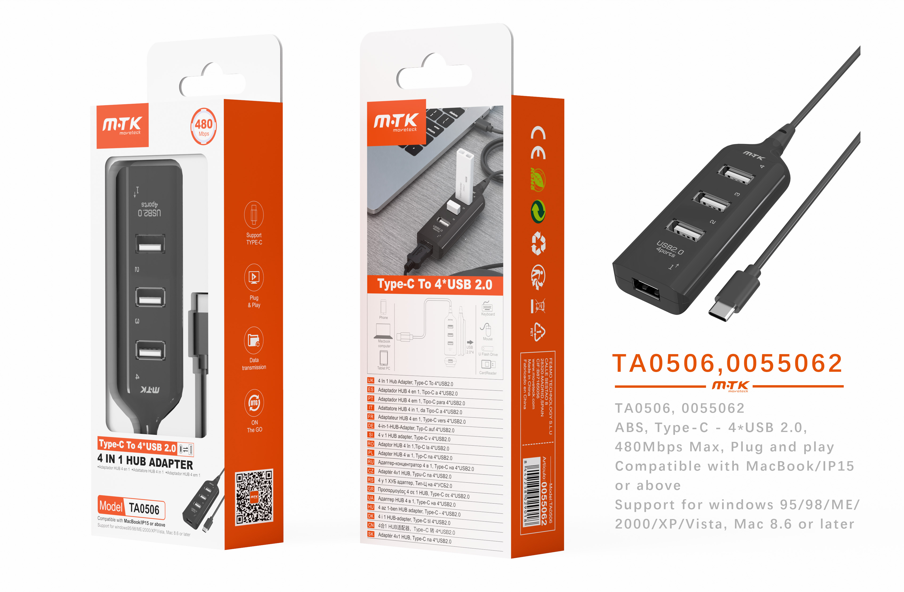 TA0506 NE Hubs Type-C con 4 Puertos USB 2.0, 480Mbps, Negro