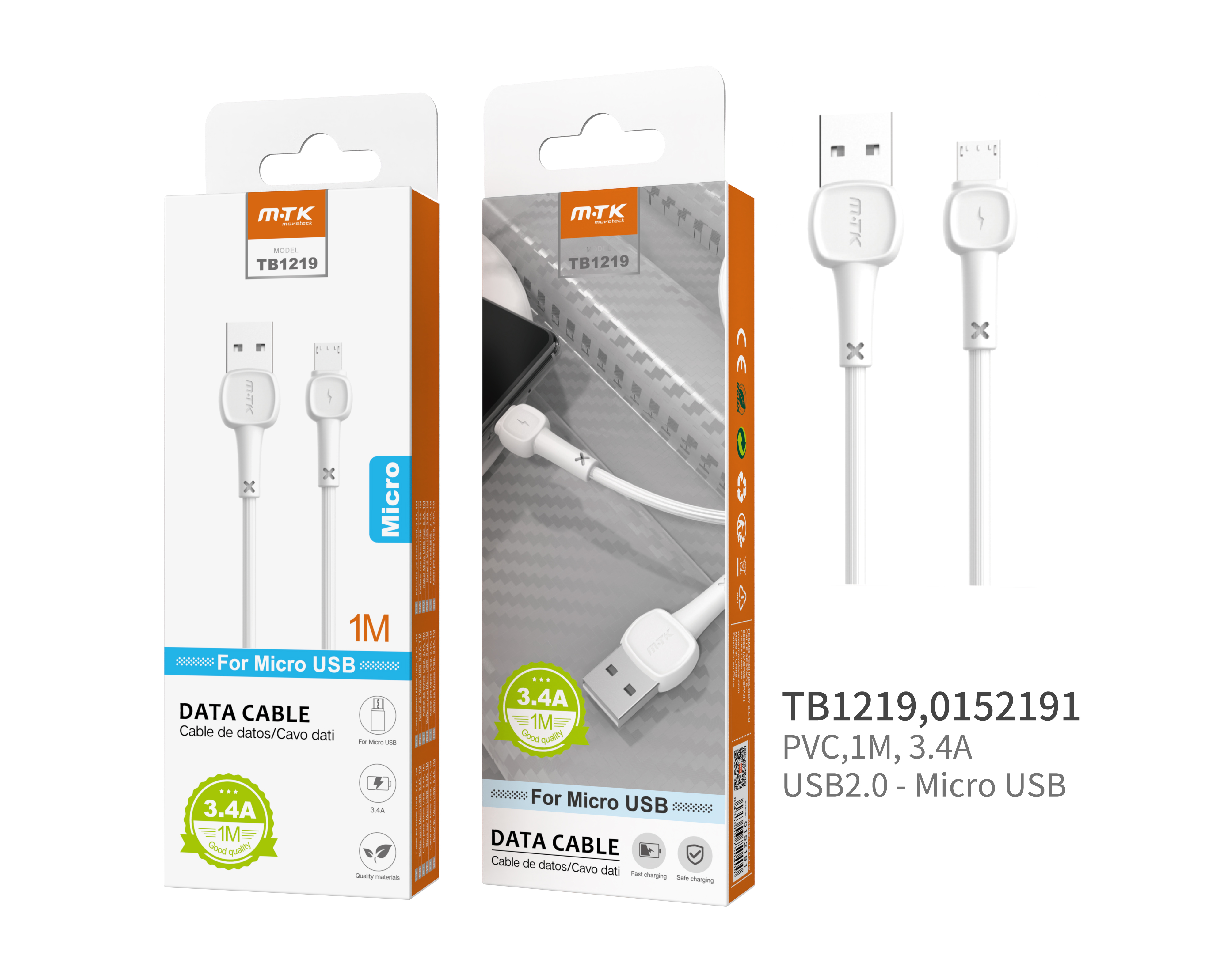 TB1219 BL Cable de Datos M.Karron para MicroUSB, 2,4A 1M, Blanco