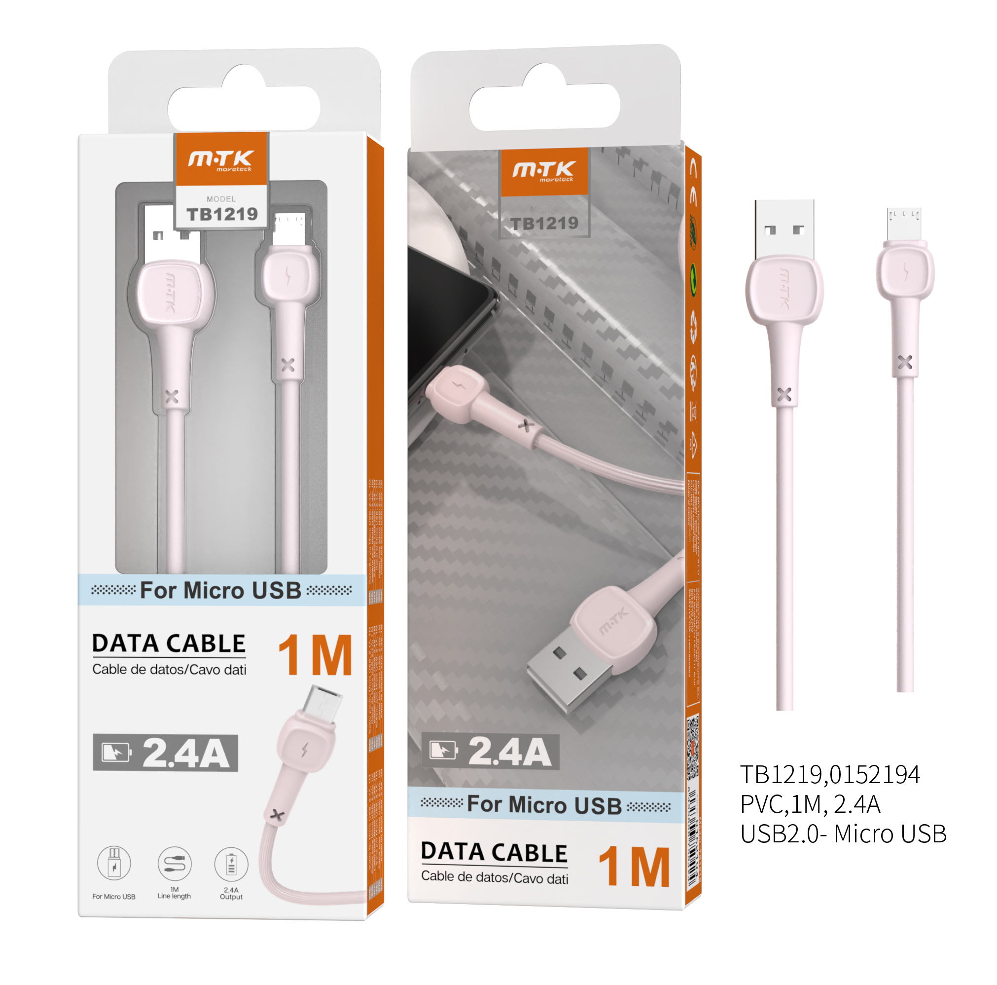 TB1219 RS Cable de Datos M.Karron para MicroUSB, 2,4A 1M, Rosa