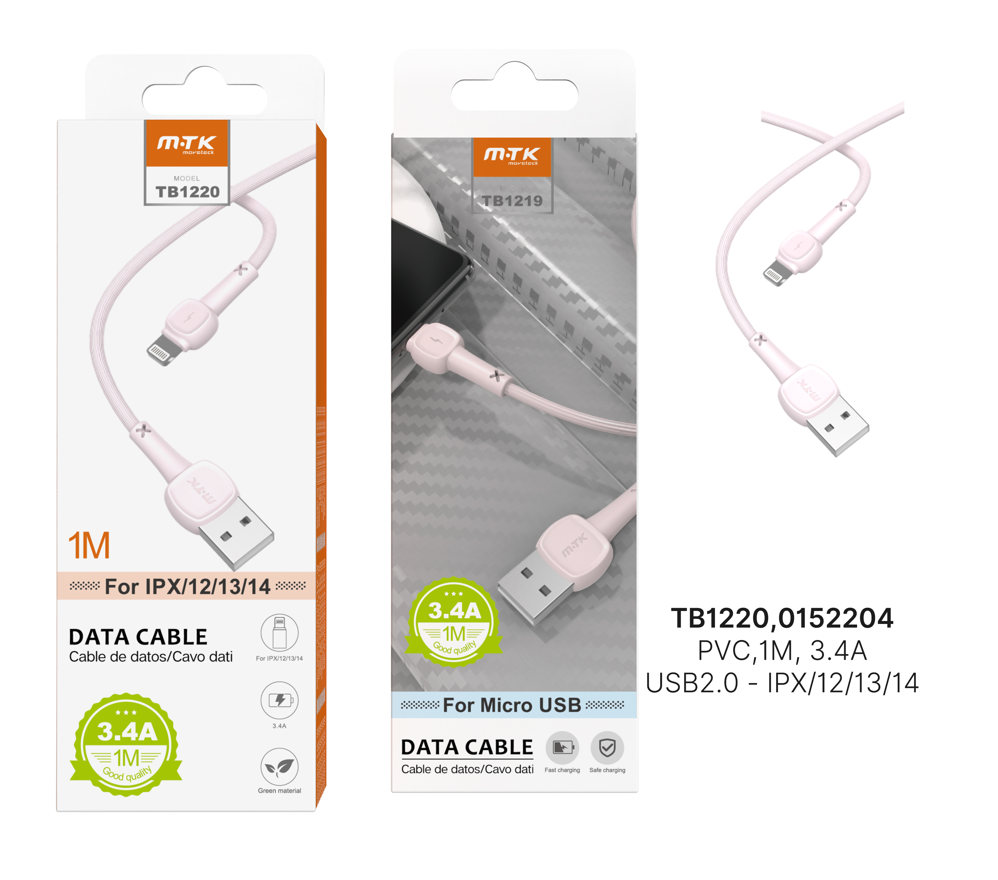 TB1220 RS Cable de Datos M.Karron para IP 5 - 11, 3.4A 1M, Rosa