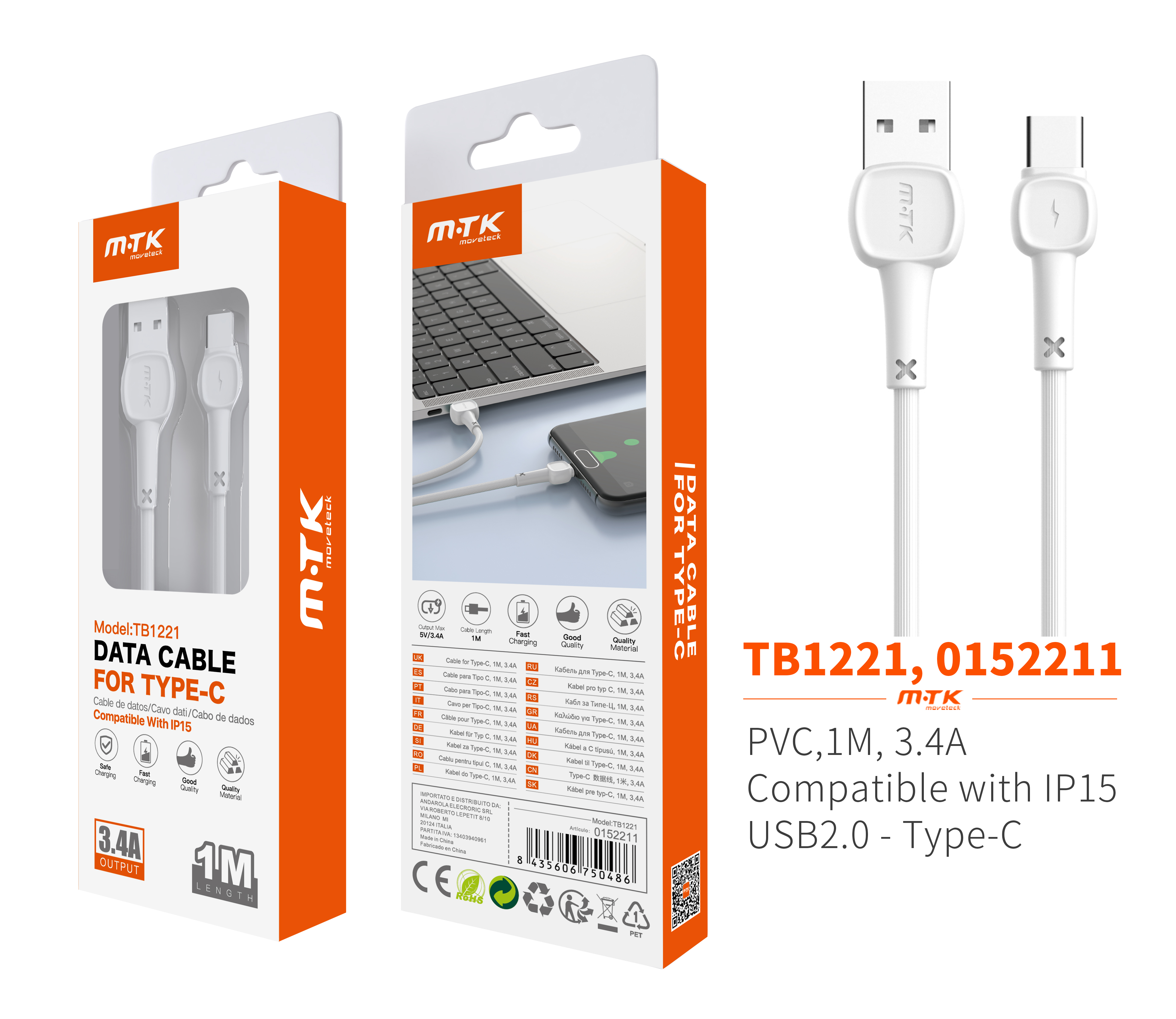 TB1221 BL Cable de Datos M.Karron para Type C, 3.4A 1M, Blanco