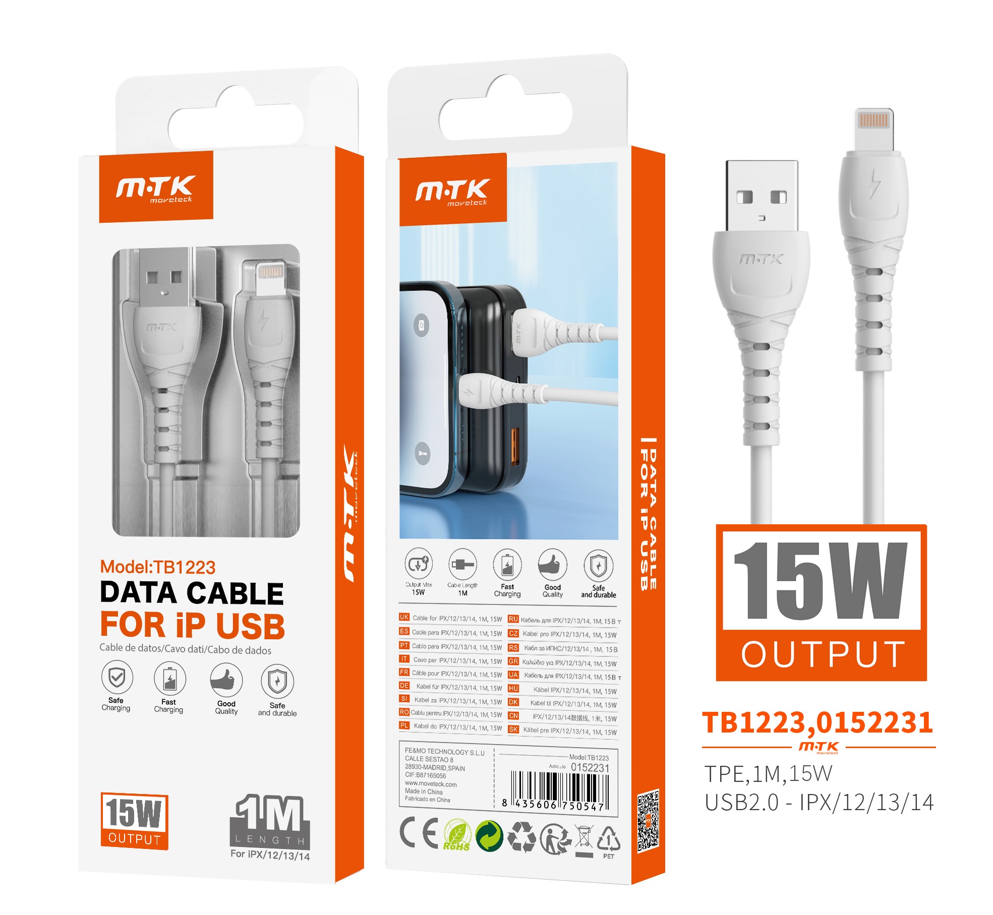 TB1223 BL Cable de Datos Butter para IP 5 -11, 5A Carga Rapida con Longitud 1M, Blanco