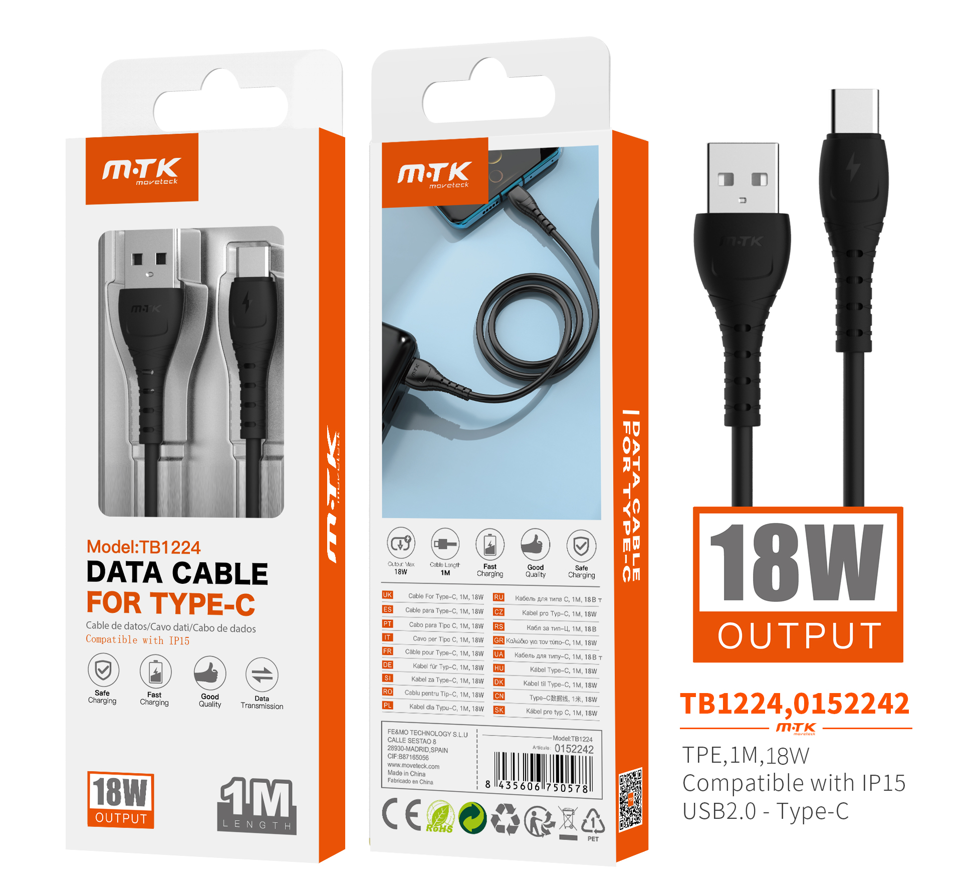 TB1224 NE Cable de Datos Butter para Type C 5A Carga Rapida con Longitud 1M, Negro