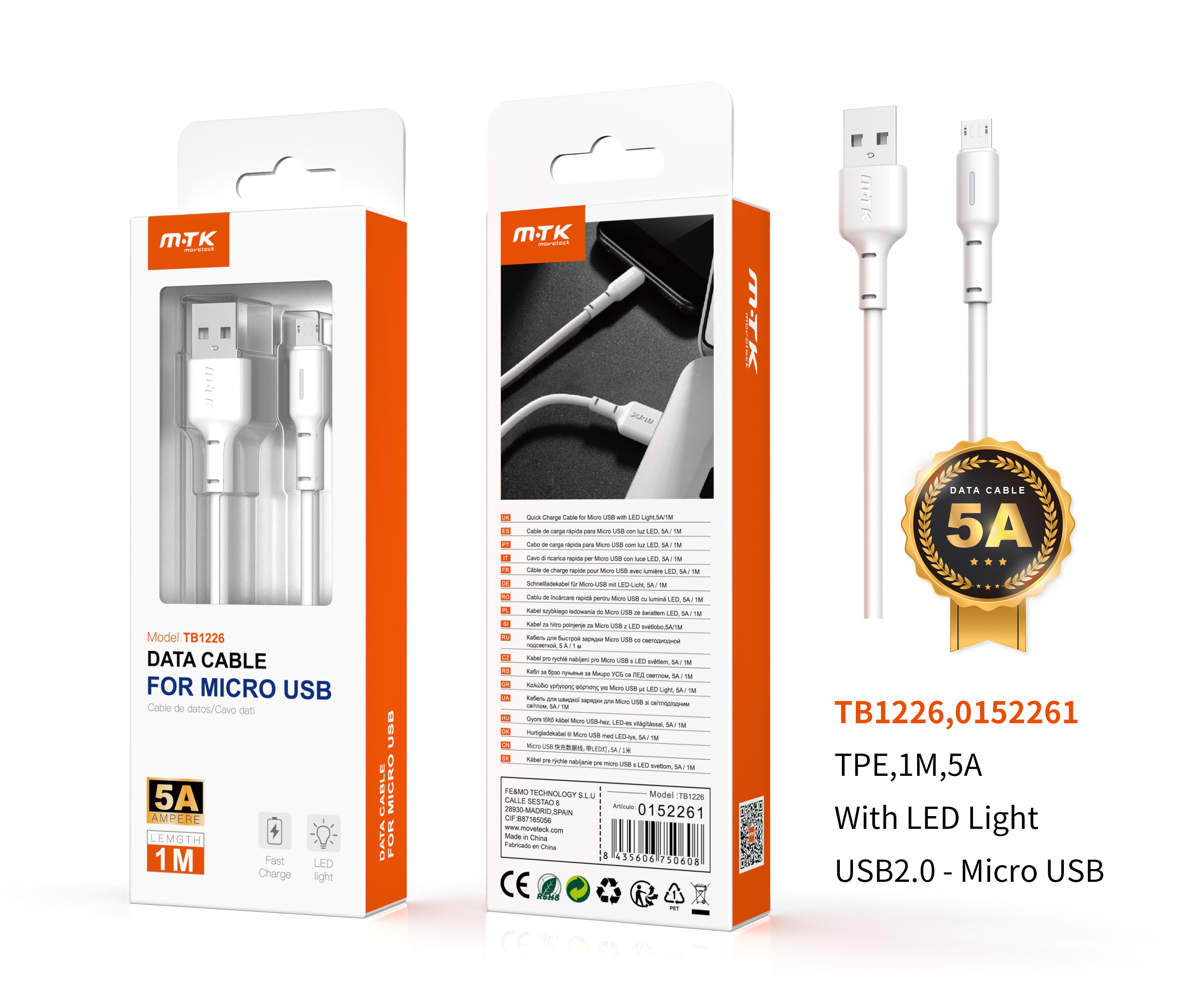 TB1226 BL Cable de Datos Night con Indicador de Carga LED Para MicroUSB, 5A 1M, Blanco