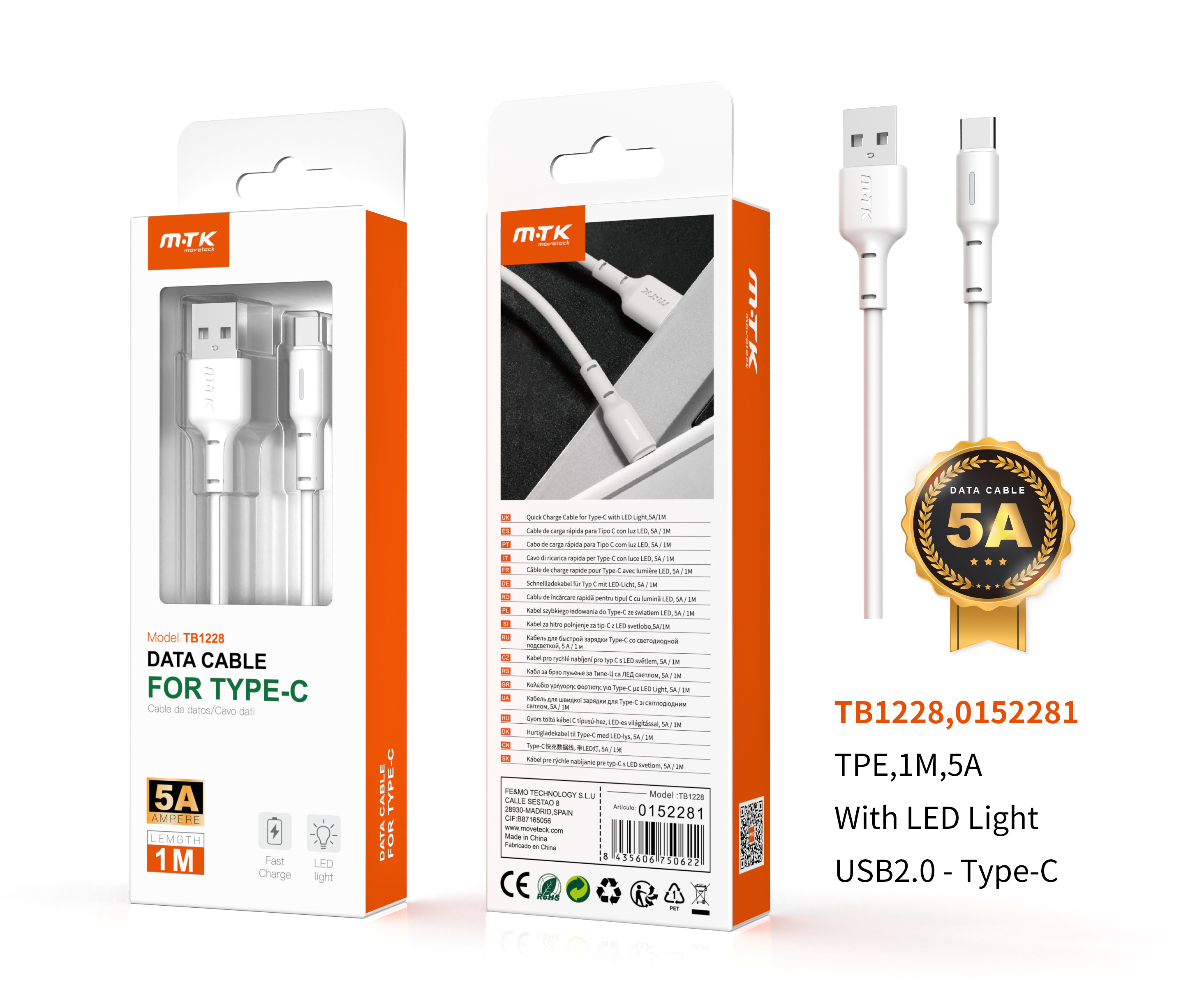 TB1228 BL Cable de Datos Night con Indicador de Carga LED Para Type C, 5A 1M, Blanco