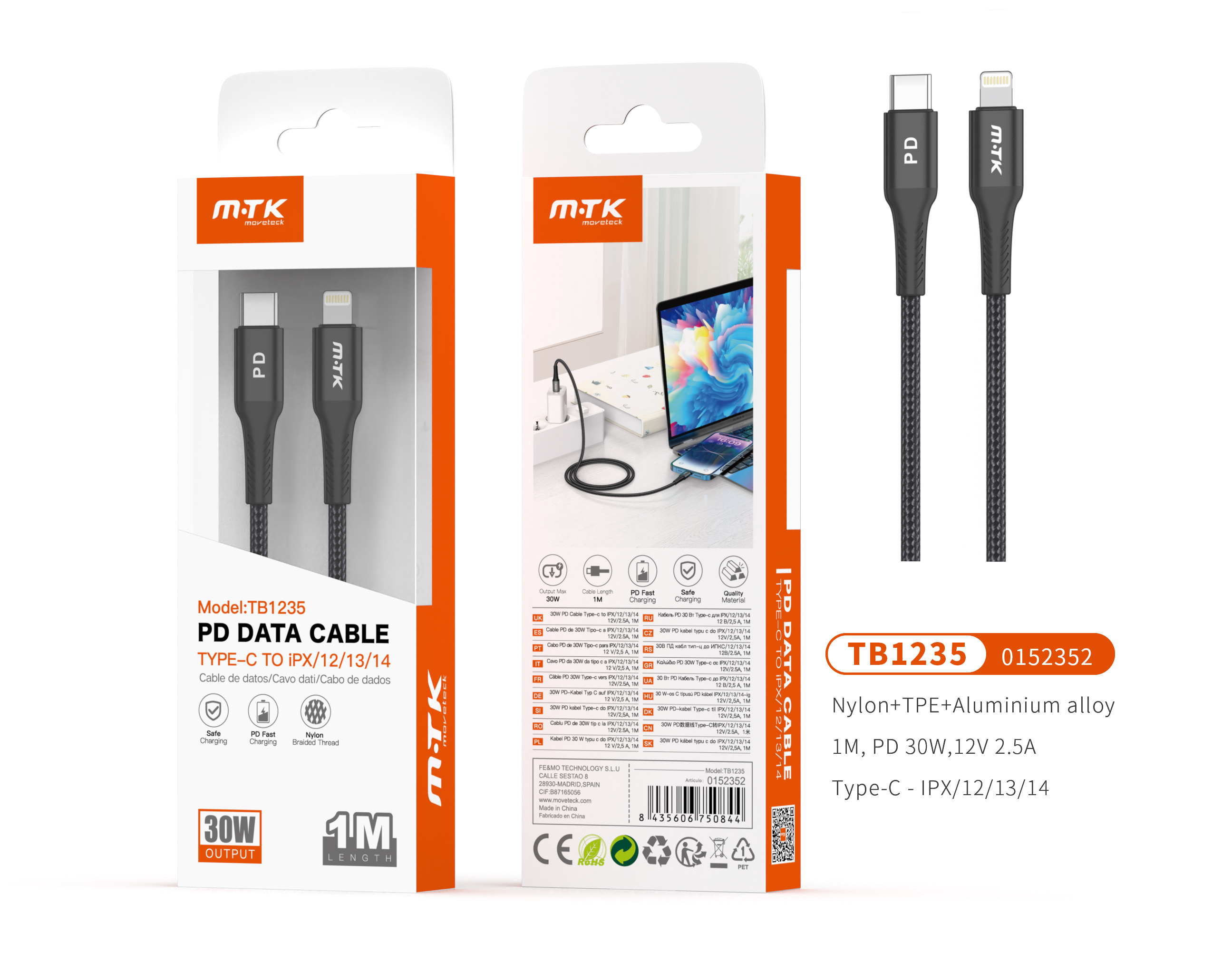 TB1235 NE Cable de datos Wizoz Carga Super Rapido PD 25W Max, 5V5A/12V2A, Type C a IP 5 - 11, Longitud 1m, Negro