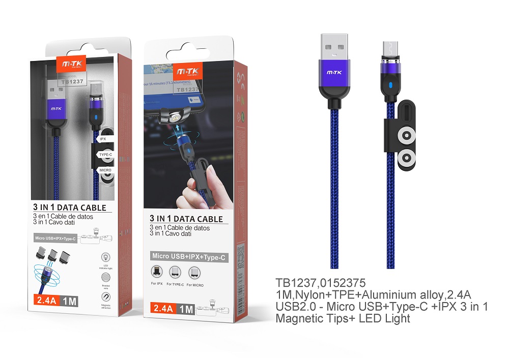 TB1237 AZ Cable de Carga 3 en 1 con Conectores Magneticos para MicroUSB, IP 5-11 y Type C, 2.4A 1M, Indicador LED, Azul