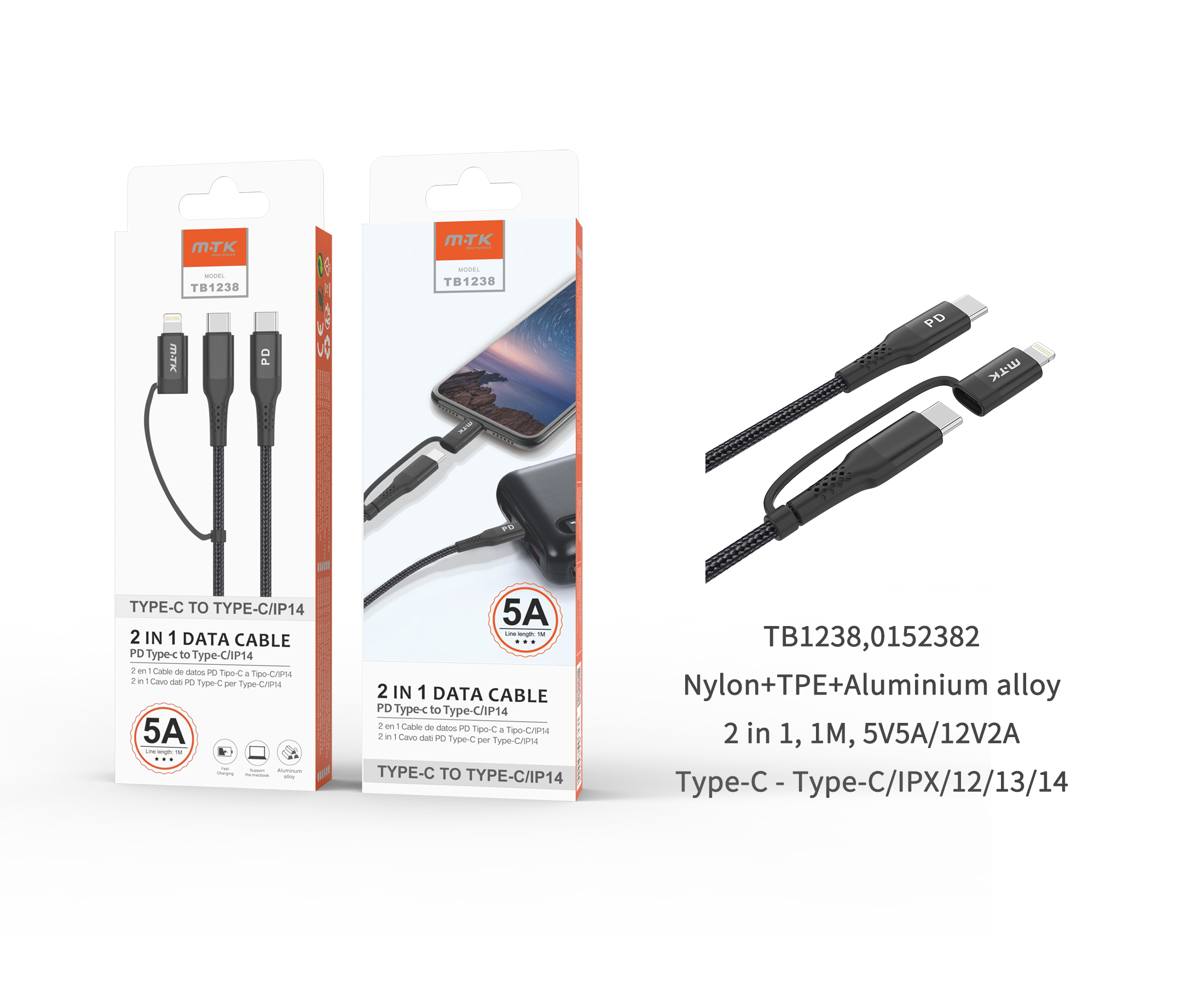 TB1238 NE Cable de datos Wizoz 2 en 1 Carga Super Rapido PD 25W Max, 5V5A/12V2A, Type C a Type C/IP 5-11, Longitud 1m, Negro