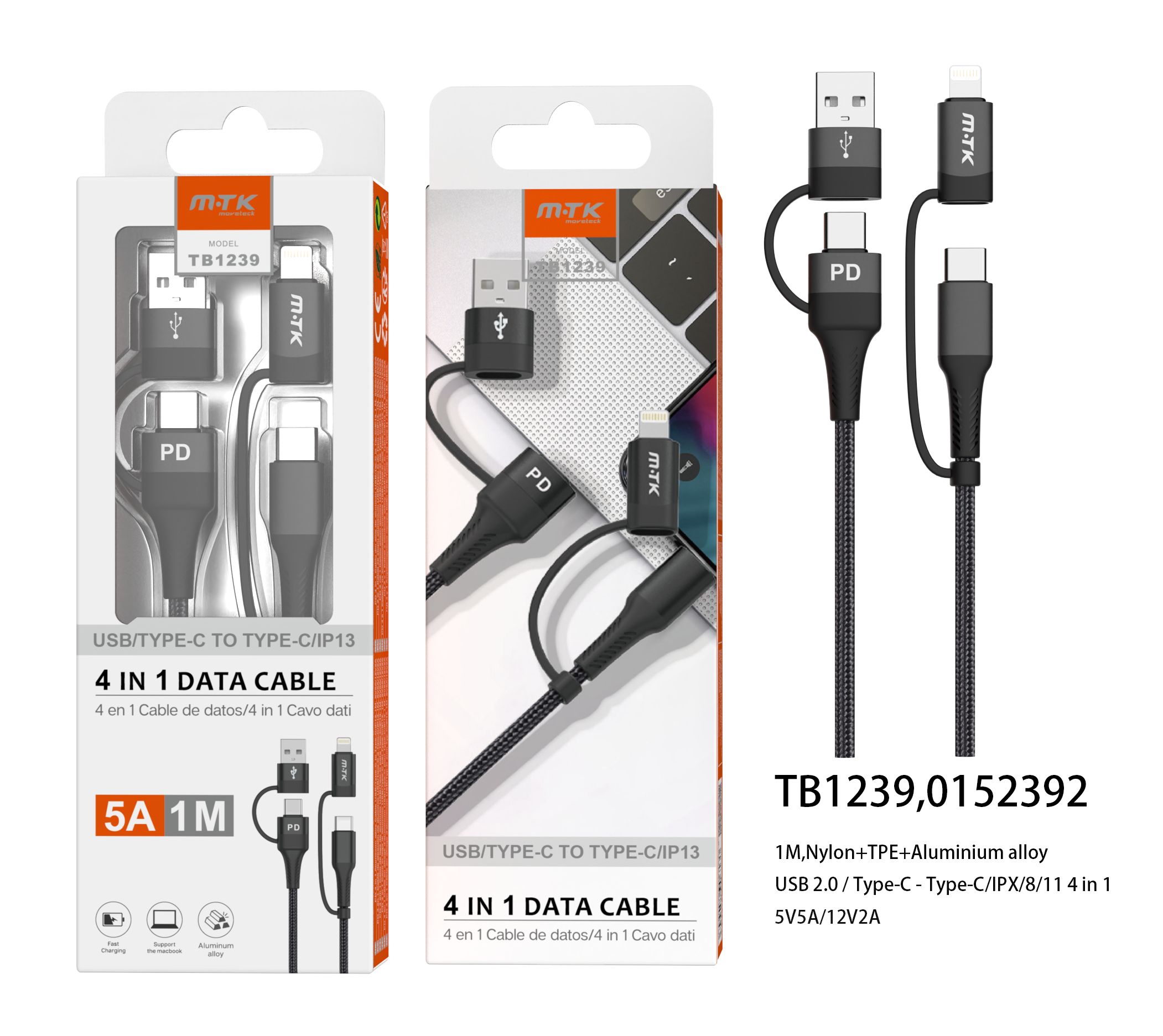 TB1239 NE Cable de datos Wizoz 4 en 1 Carga Super Rapido PD 25W Max, 5V5A/12V2A, Type C/USB a Type C/IP 5-11, Longitud 1m, Negro