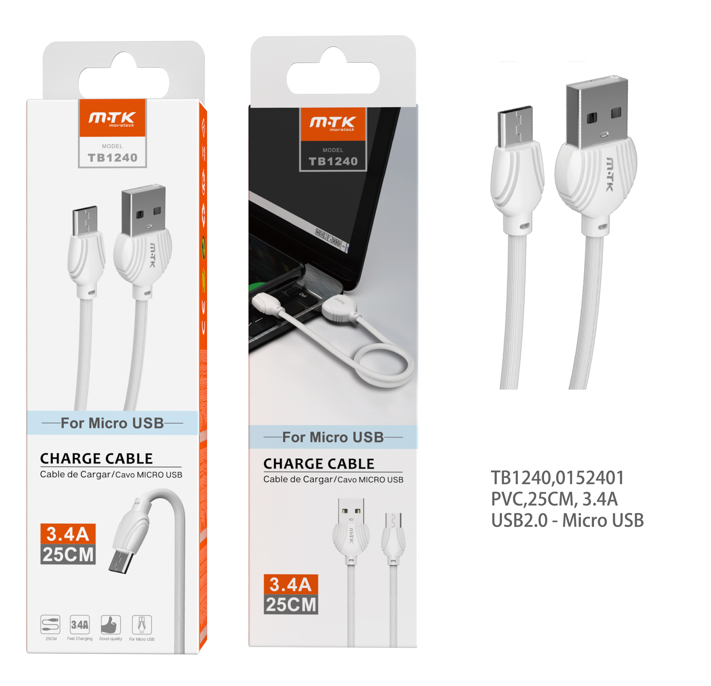 TB1240 Mini Cable de Carga para MicroUSB, 2,4A con Longitud 0,25M, Blanco