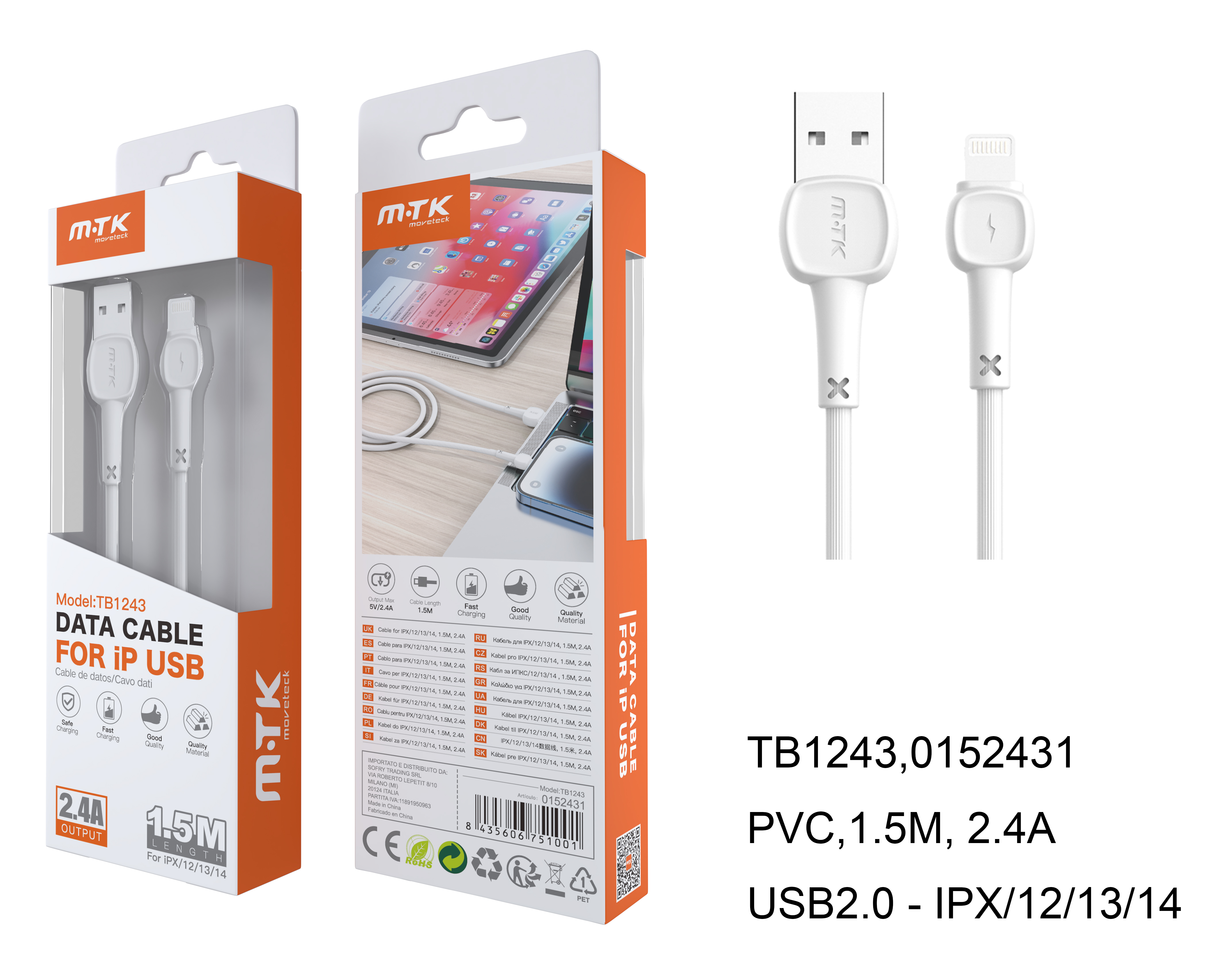 TB1243 BL Cable de Datos M.Karron para IP 5-11, 2,0A 1.5M, Blanco