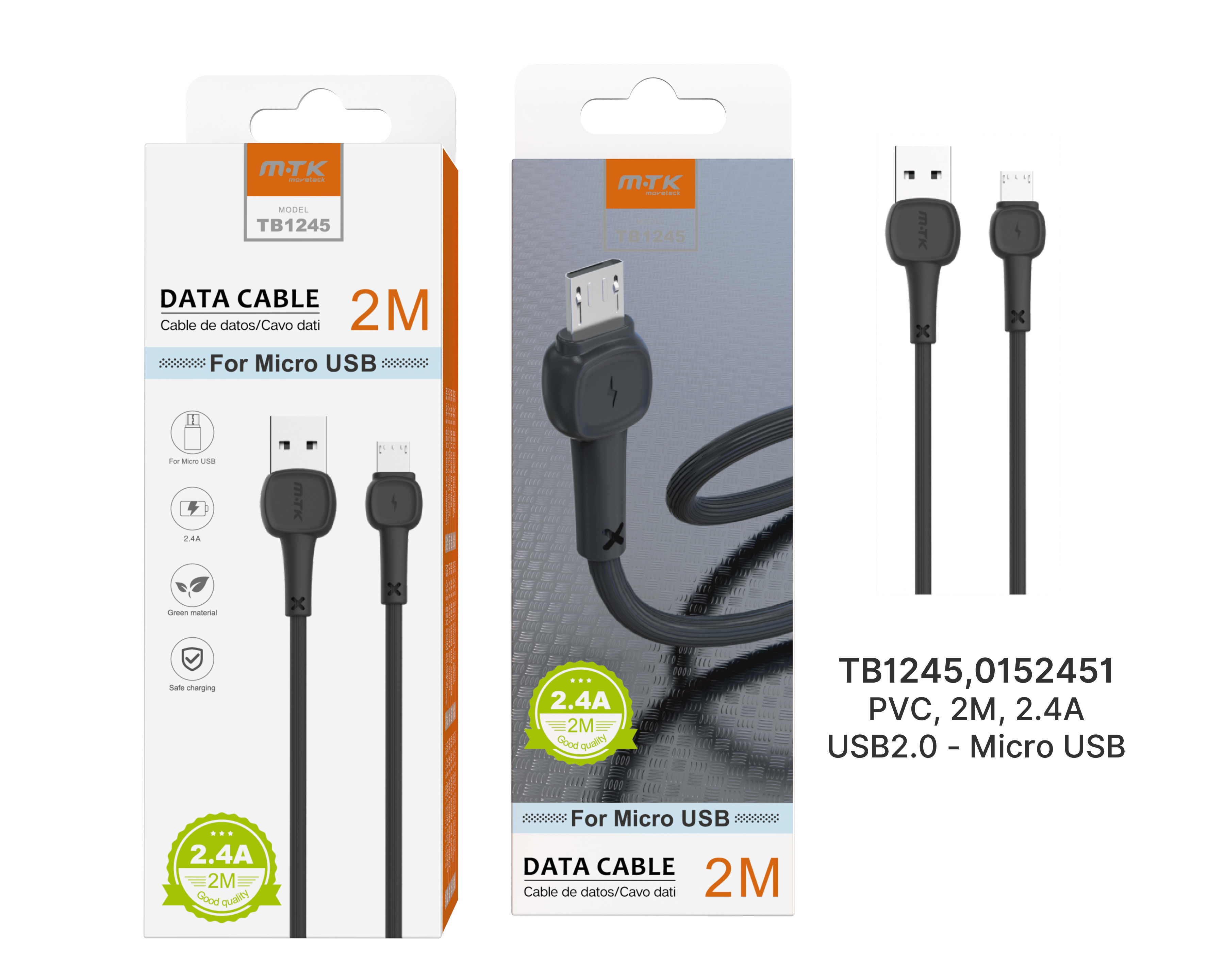 TB1245 NE Cable de Datos M.Karron para MicroUSB, 2,0A 2.0M, Negro