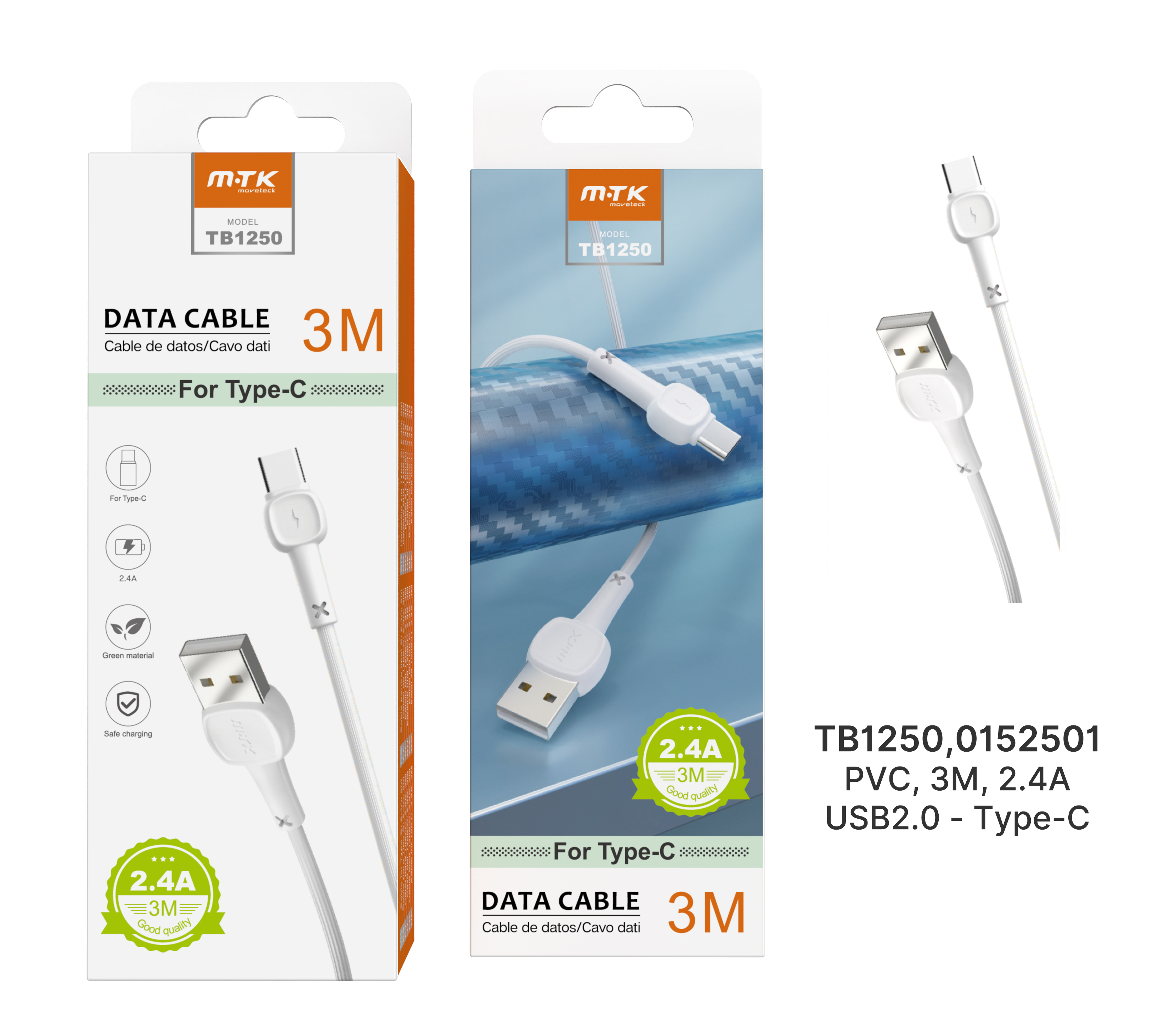 TB1250 BL Cable de Datos M.Karron para Type C, 2,0A 3.0M, Blanco