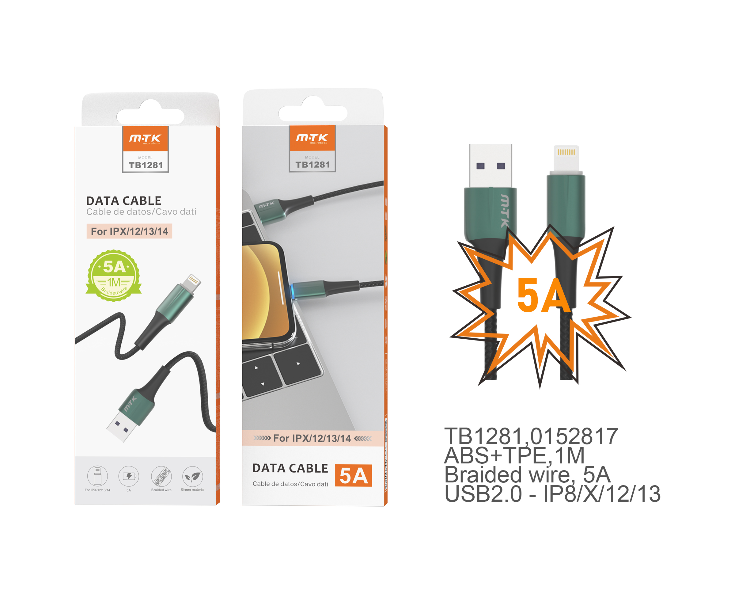 TB1281 VE Cable de Datos Metal Sword para IP 5-12, Cable Nylon trenzado con Luz LED Azul, 1M, 5A, Verde