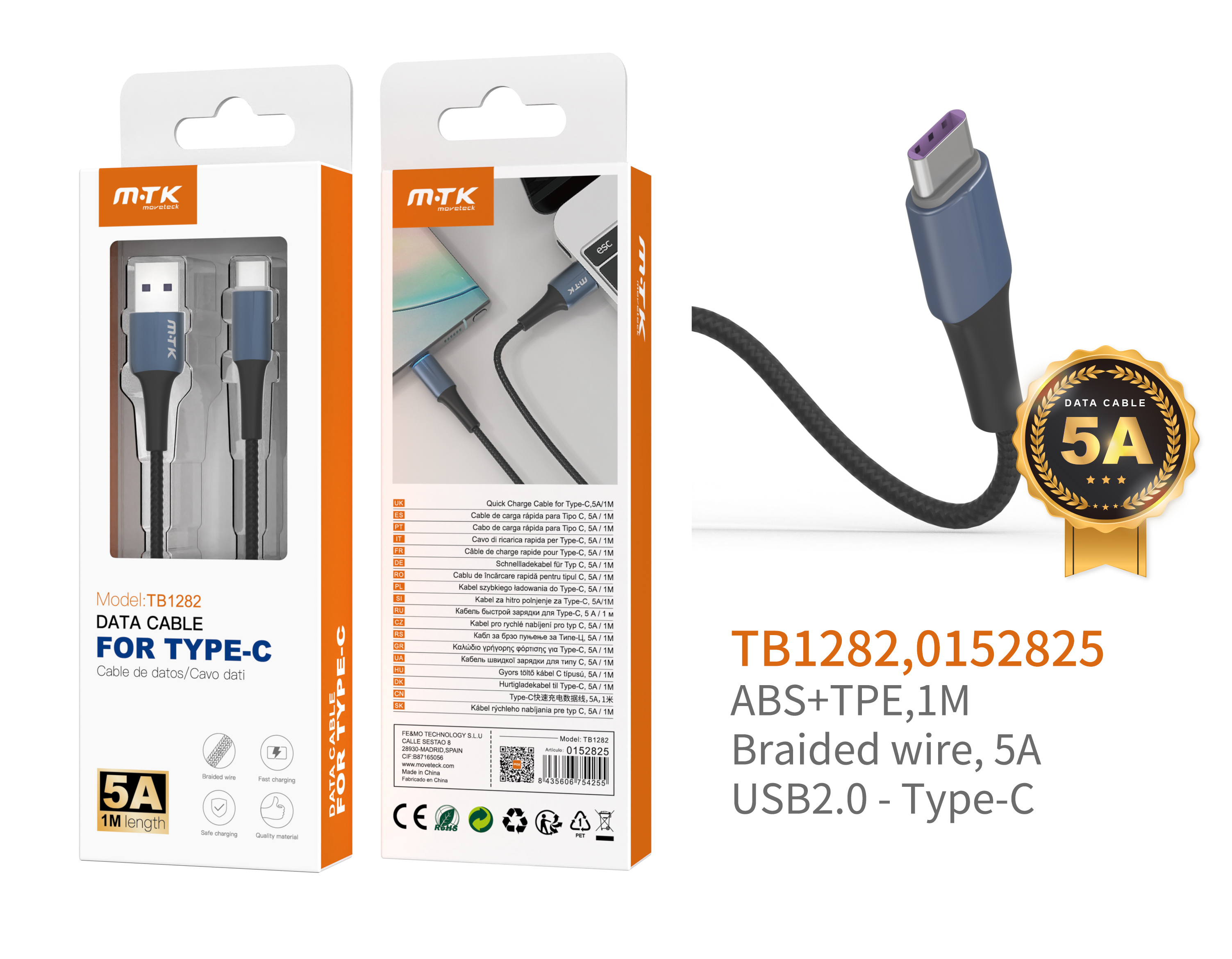 TB1282 AZ Cable de Datos Metal Sword para Type C, Cable Nylon trenzado con Luz LED Azul, 1M, 5A, Azul