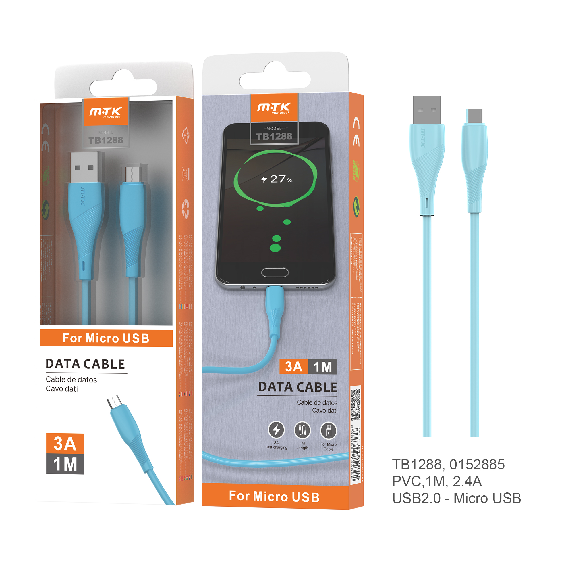 TB1288 AZ Cable de datos PVC Venus para Micro USB, 1M, 3A AZUL