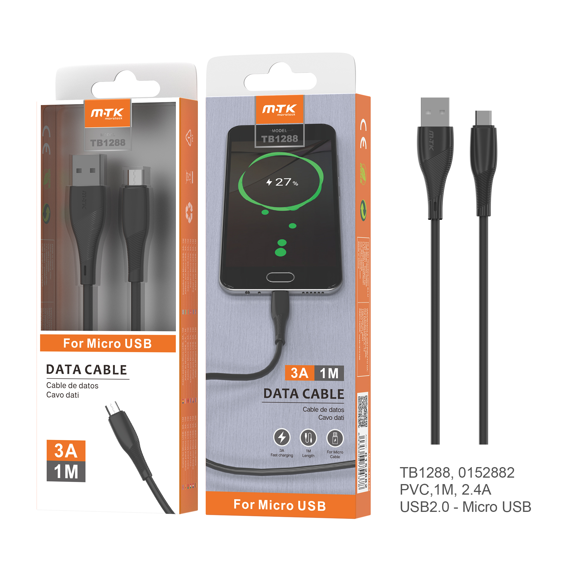 TB1288 NE Cable de datos PVC Venus para Micro USB, 1M, 3A, Negro