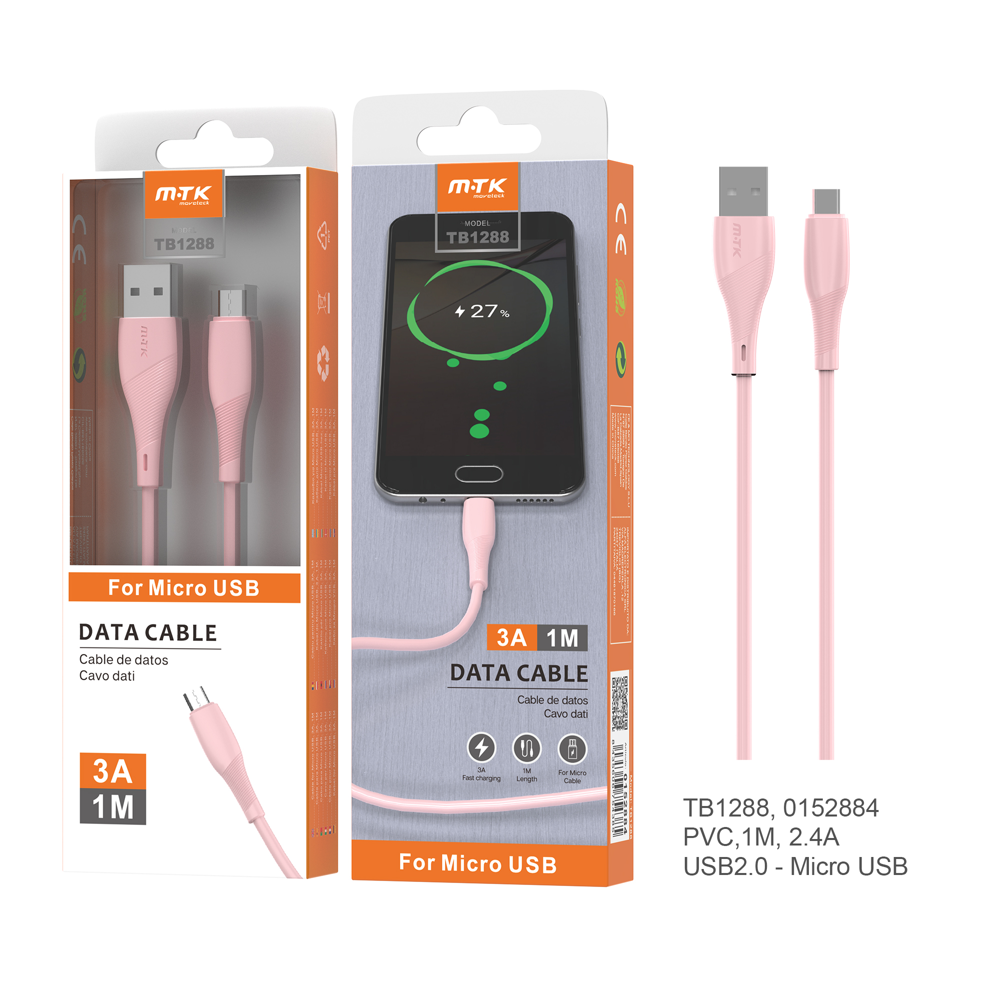 TB1288 RS Cable de datos PVC Venus para Micro USB, 1M, 3A ROSA