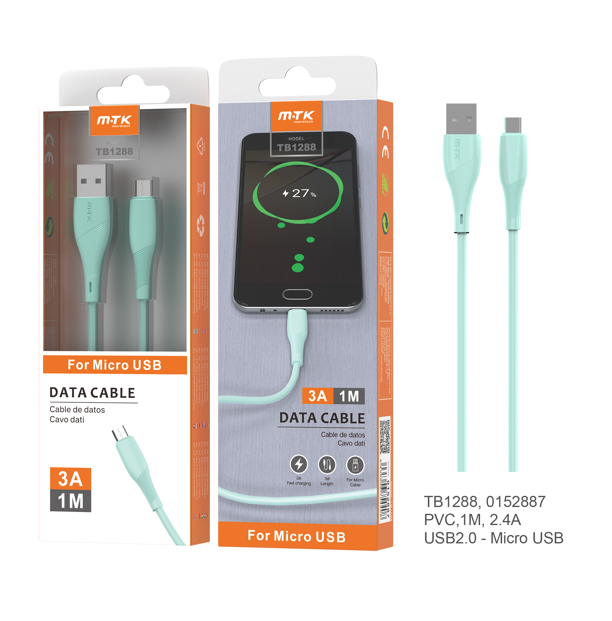 TB1288 VE Cable de datos PVC Venus para Micro USB, 1M, 3A VERDE