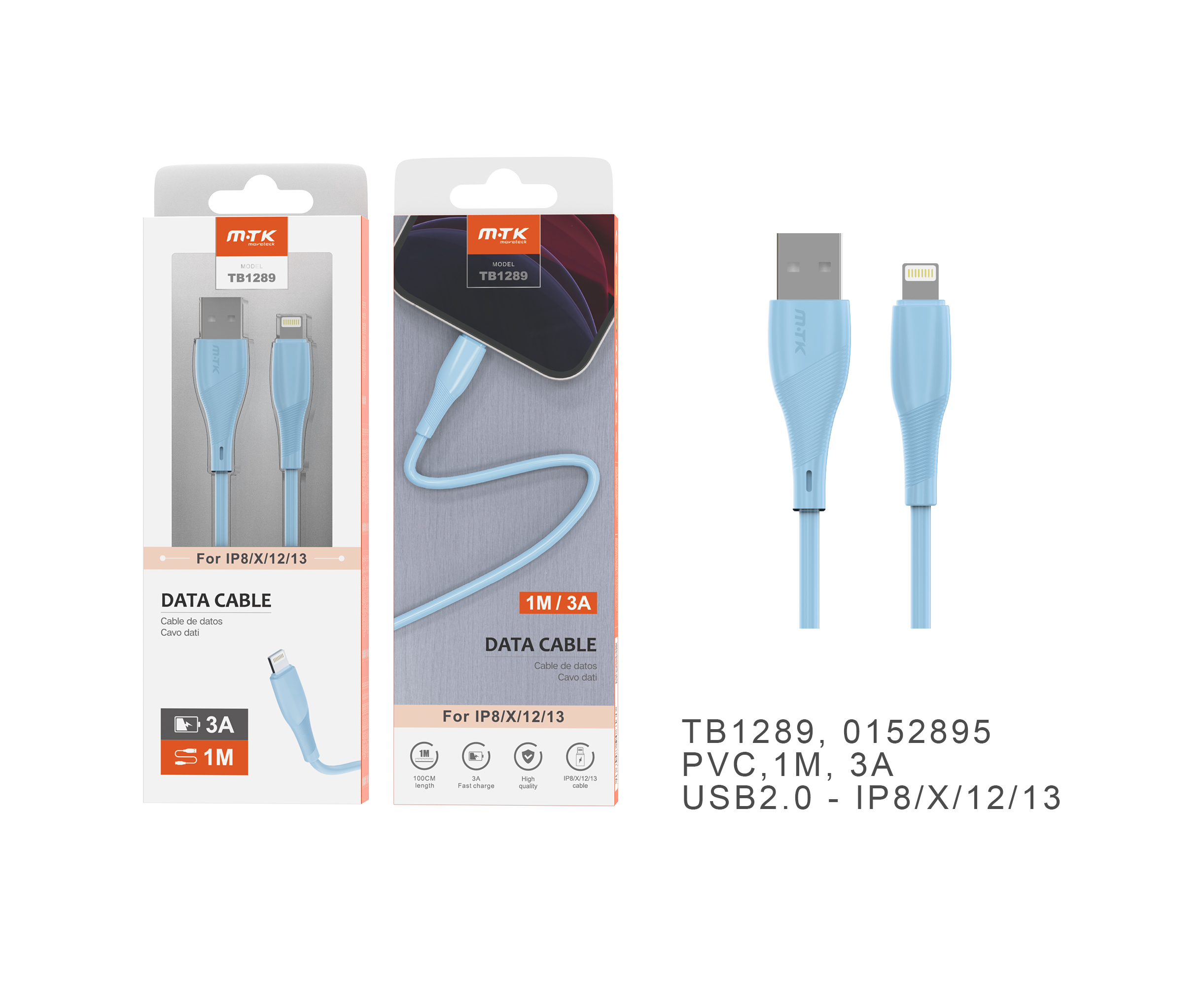 TB1289 AZ Cable de datos PVC Venus para IP 5-12, 1M, 3A AZUL