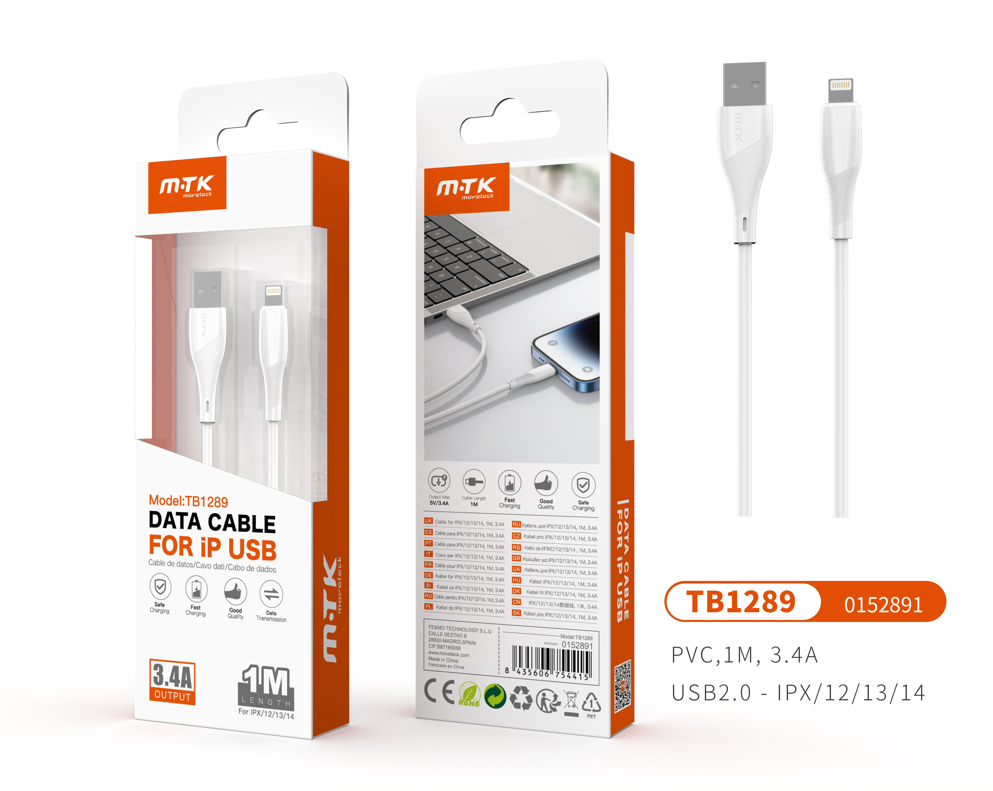 TB1289 BL Cable de datos PVC Venus para IP 5-12, 1M, 3.4A BLANCO