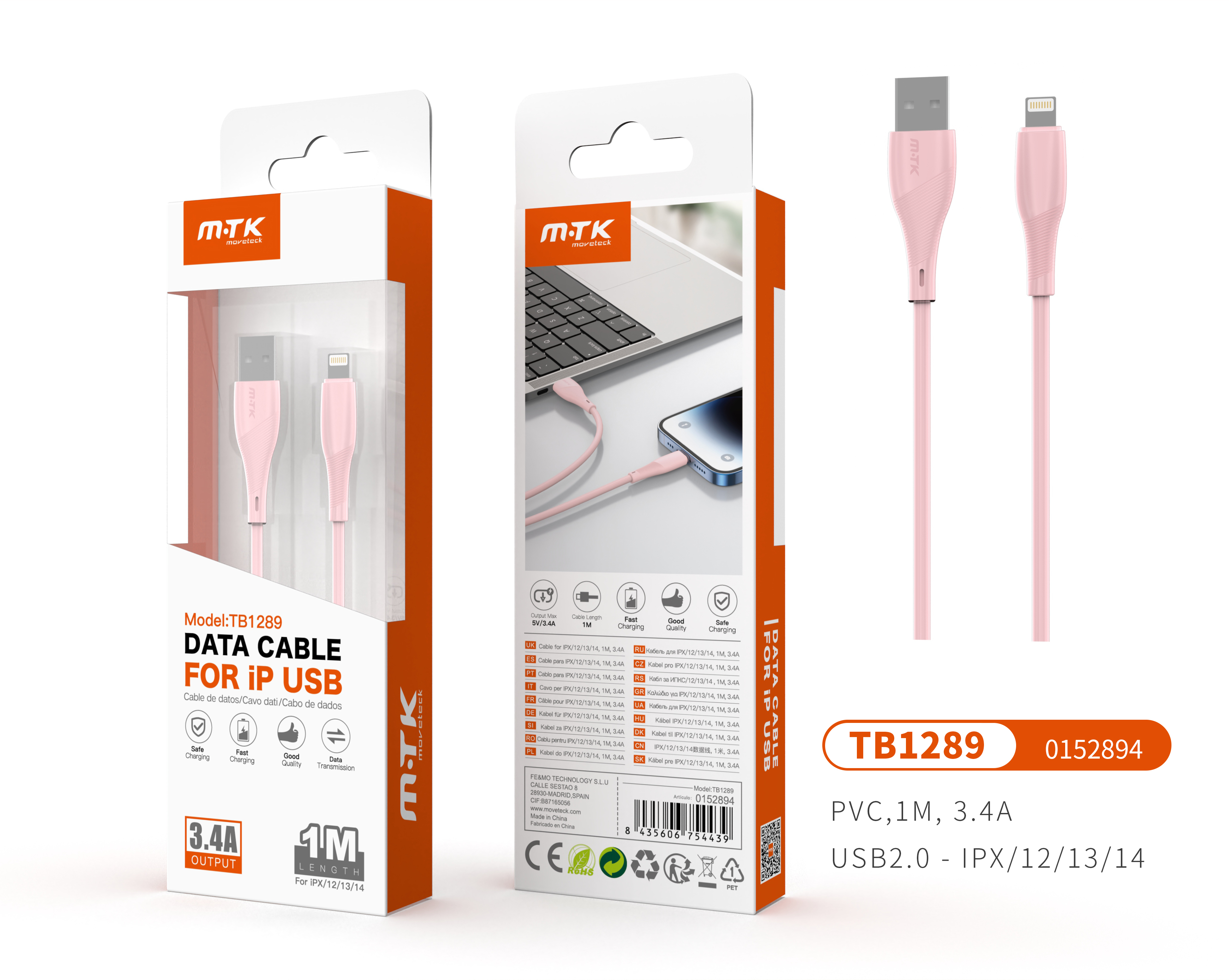 TB1289 RS Cable de datos PVC Venus para IP 5-12, 1M, 3A Rosa