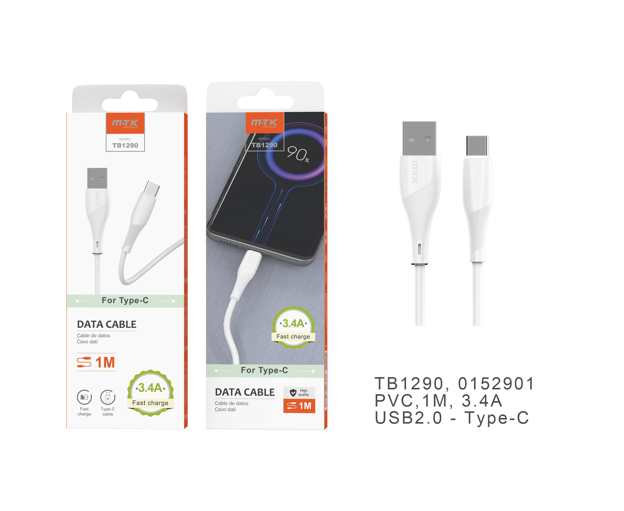 TB1290 BL Cable de datos PVC Venus para Type-C, 1M, 3.4A BLANCO